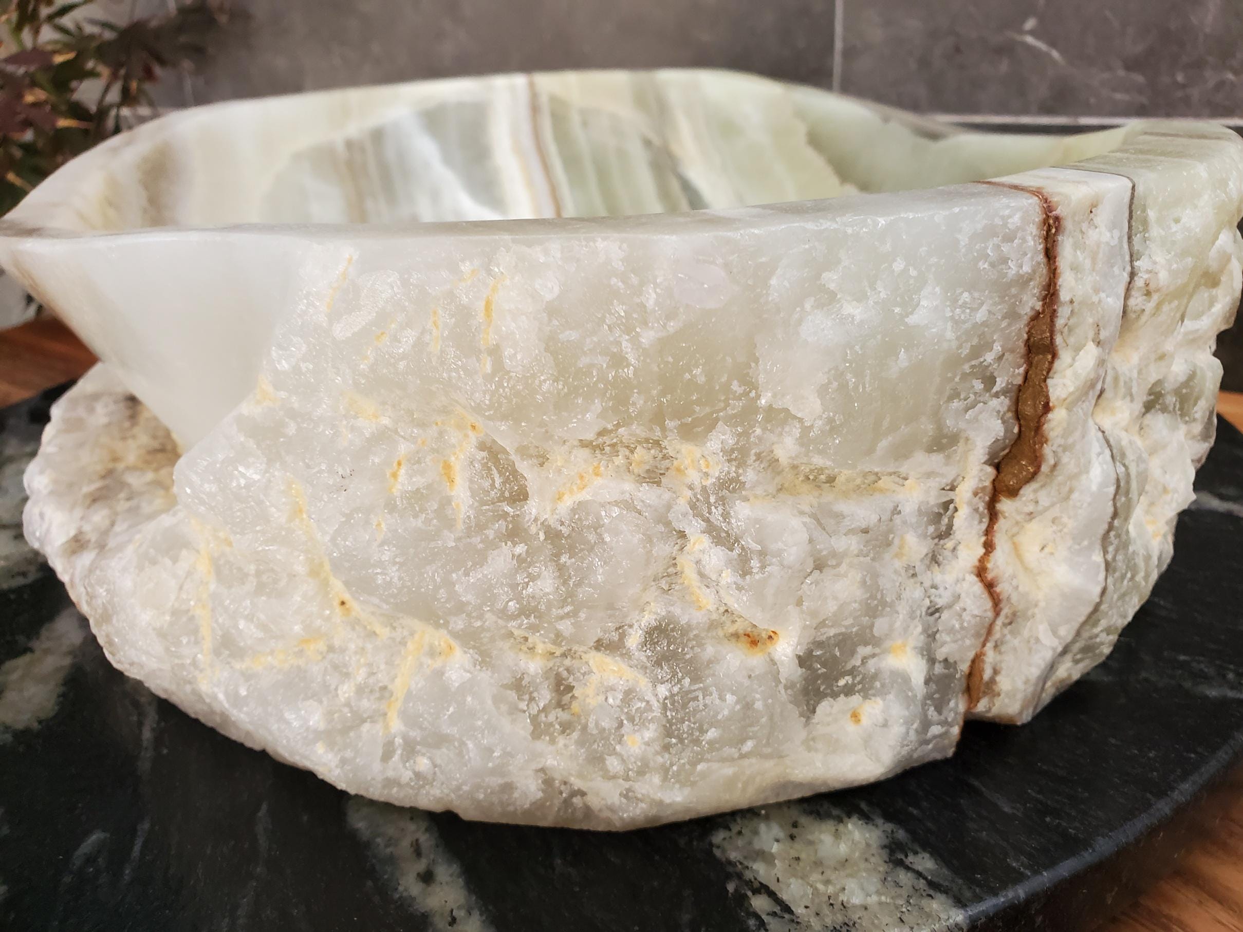 Green Onyx Marble Vessel Sink, 18x13.5 Inch Natural Stone Countertop Basin, Polished Luxury Vanity Sink, Spa Bathroom Decor Above Counter sink Bathroom Décor beige tan taupe hand basin bowl handmade powder room Home design trends luxury bathroom Marble Onix Rock modern contemporary natural stone sink plumbing fixture Rectangle Vessel Tan Rustic Onyx Vessel Sinks Translucent Polish