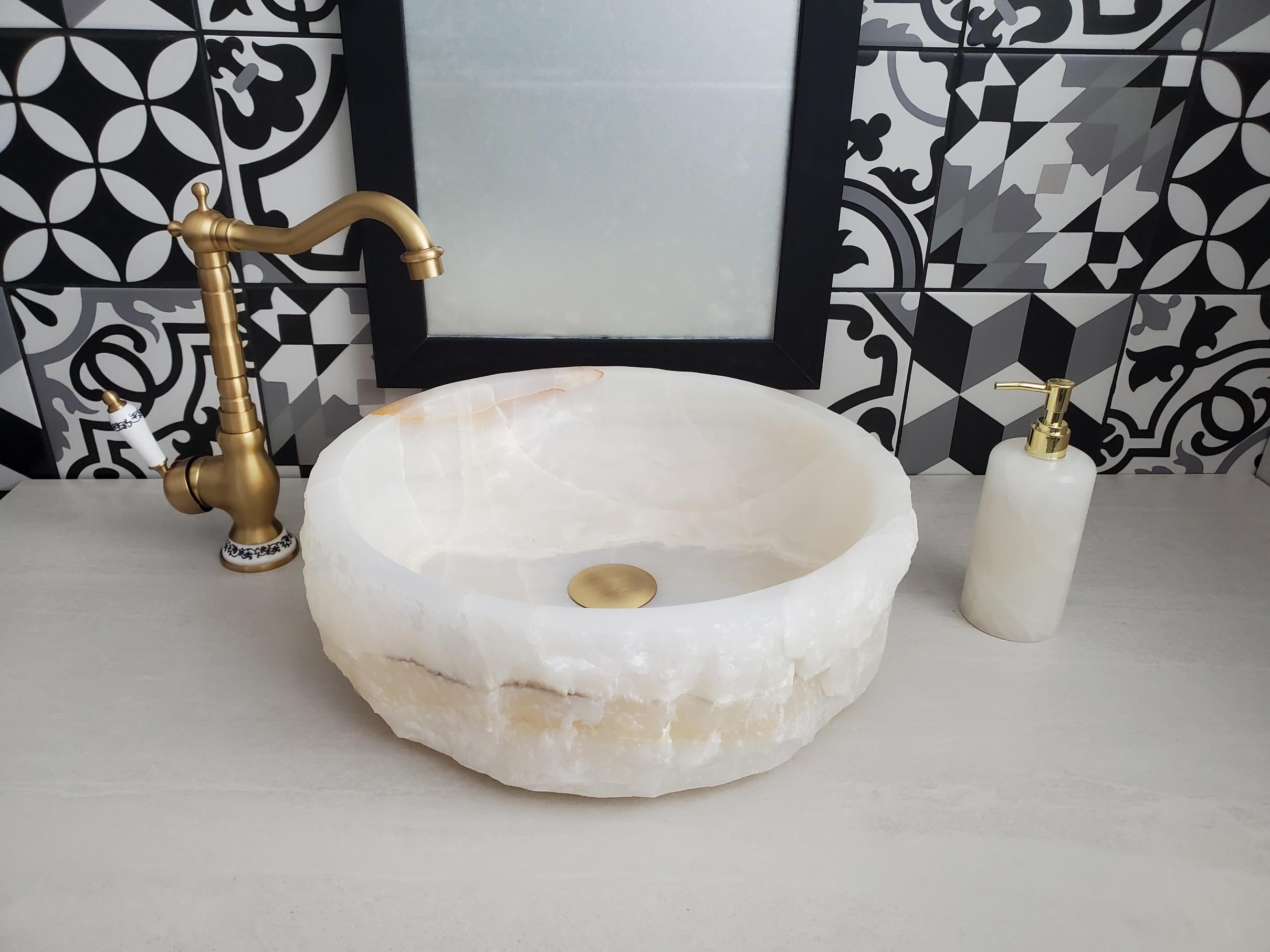 White Onyx Marble Vessel Sink, Natural Stone Vanity Basin, Polished Bathroom Countertop Sink, Spa Decor 16x16 Inch Above Counter sink Bathroom Décor beige tan taupe hand basin bowl handmade powder room Home design trends luxury bathroom Marble Onix Rock modern contemporary natural stone sink plumbing fixture Rectangle Vessel Tan Rustic Onyx Vessel Sinks Translucent Polish