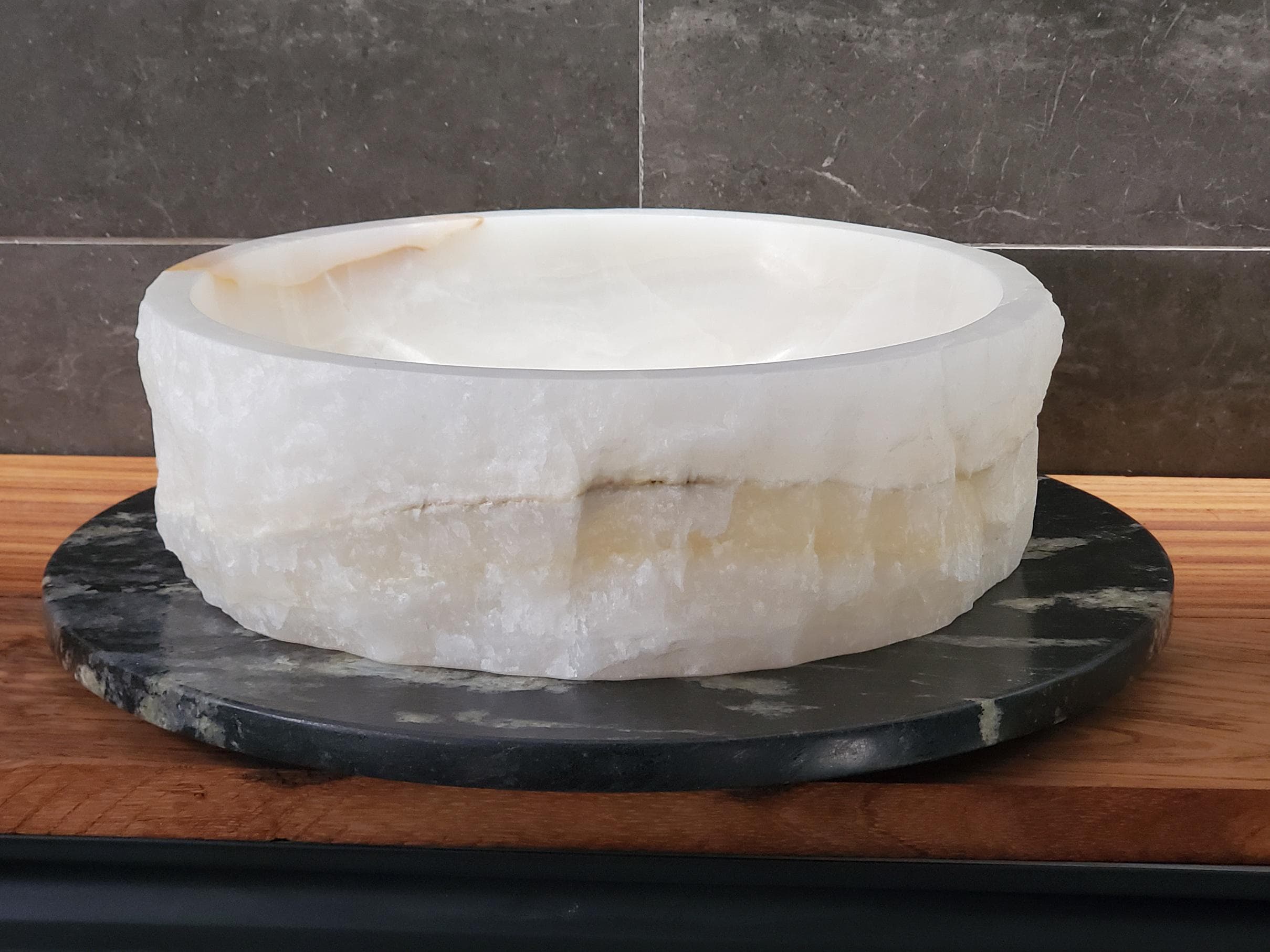 White Onyx Marble Vessel Sink, Natural Stone Vanity Basin, Polished Bathroom Countertop Sink, Spa Decor 16x16 Inch Above Counter sink Bathroom Décor beige tan taupe hand basin bowl handmade powder room Home design trends luxury bathroom Marble Onix Rock modern contemporary natural stone sink plumbing fixture Rectangle Vessel Tan Rustic Onyx Vessel Sinks Translucent Polish