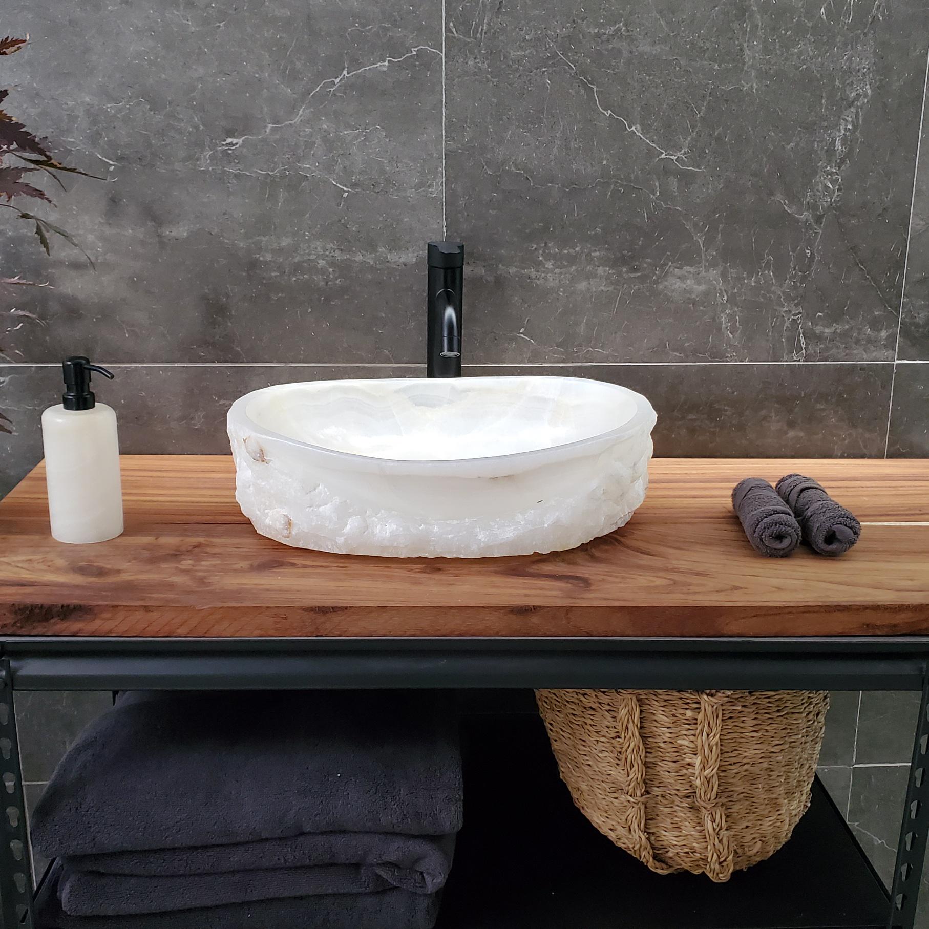 White Onyx Vessel Sink – Oval Natural Stone Countertop Sink, Polished Vanity Basin, Luxury Spa Bathroom Decor 18.5x13.5 Inch Above Counter sink Bathroom Décor beige tan taupe hand basin bowl handmade powder room Home design trends luxury bathroom Marble Onix Rock modern contemporary natural stone sink plumbing fixture Rectangle Vessel Tan Rustic Onyx Vessel Sinks Translucent Polish
