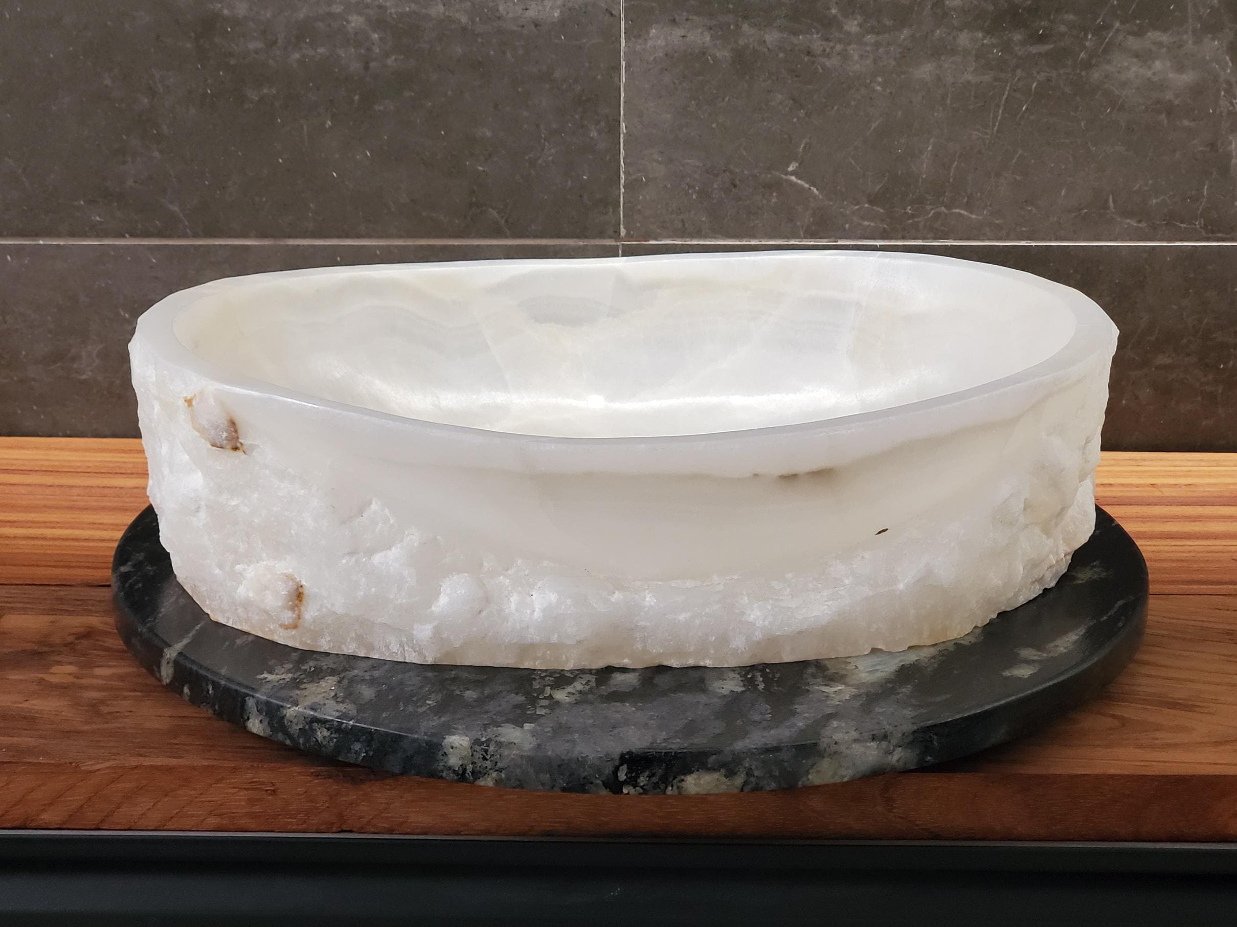 White Onyx Vessel Sink – Oval Natural Stone Countertop Sink, Polished Vanity Basin, Luxury Spa Bathroom Decor 18.5x13.5 Inch Above Counter sink Bathroom Décor beige tan taupe hand basin bowl handmade powder room Home design trends luxury bathroom Marble Onix Rock modern contemporary natural stone sink plumbing fixture Rectangle Vessel Tan Rustic Onyx Vessel Sinks Translucent Polish