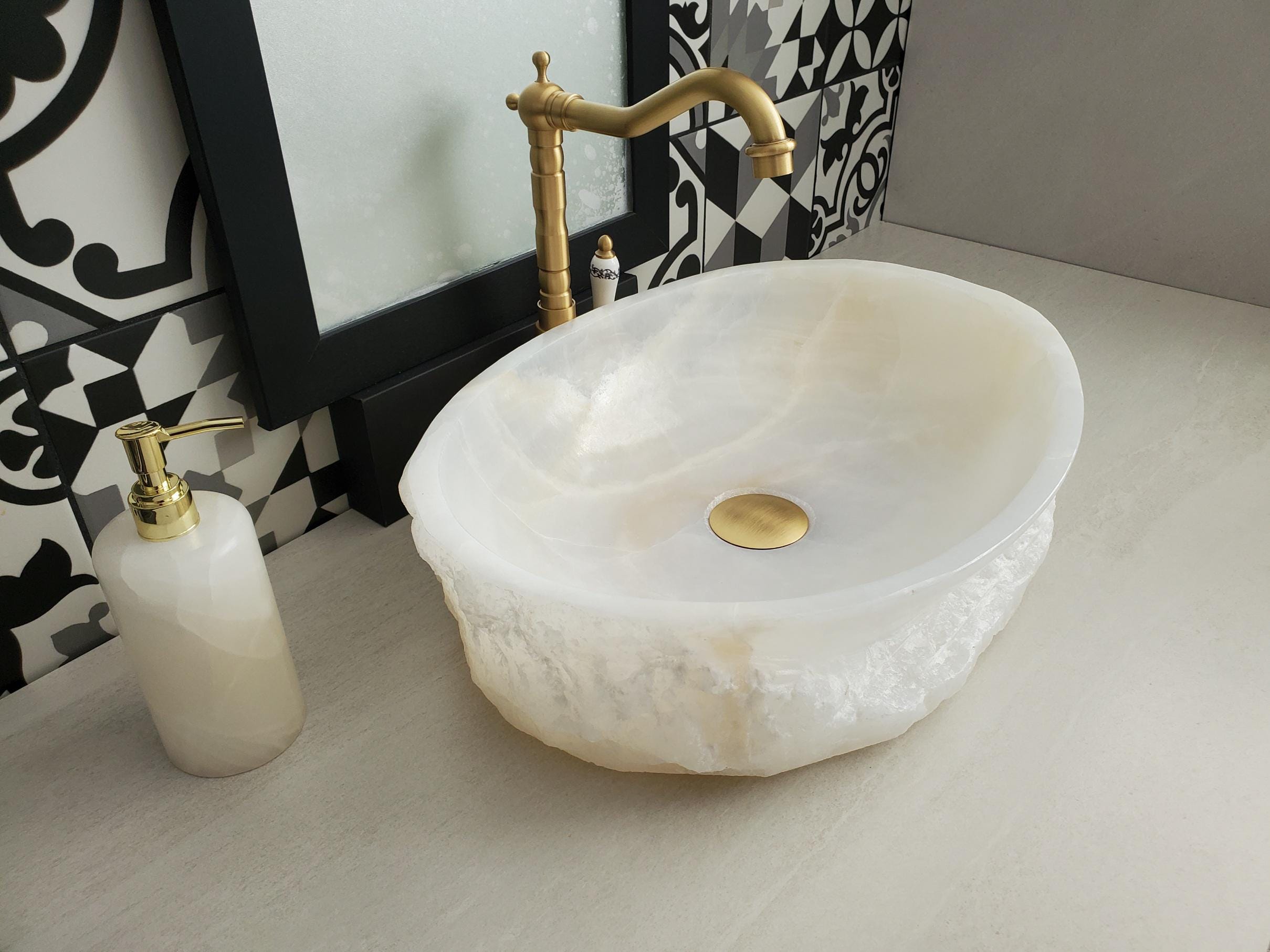 White Onyx Vessel Sink – Oval Natural Stone Countertop Sink, Polished Vanity Basin, Luxury Spa Bathroom Decor 18.5x13.5 Inch Above Counter sink Bathroom Décor beige tan taupe hand basin bowl handmade powder room Home design trends luxury bathroom Marble Onix Rock modern contemporary natural stone sink plumbing fixture Rectangle Vessel Tan Rustic Onyx Vessel Sinks Translucent Polish