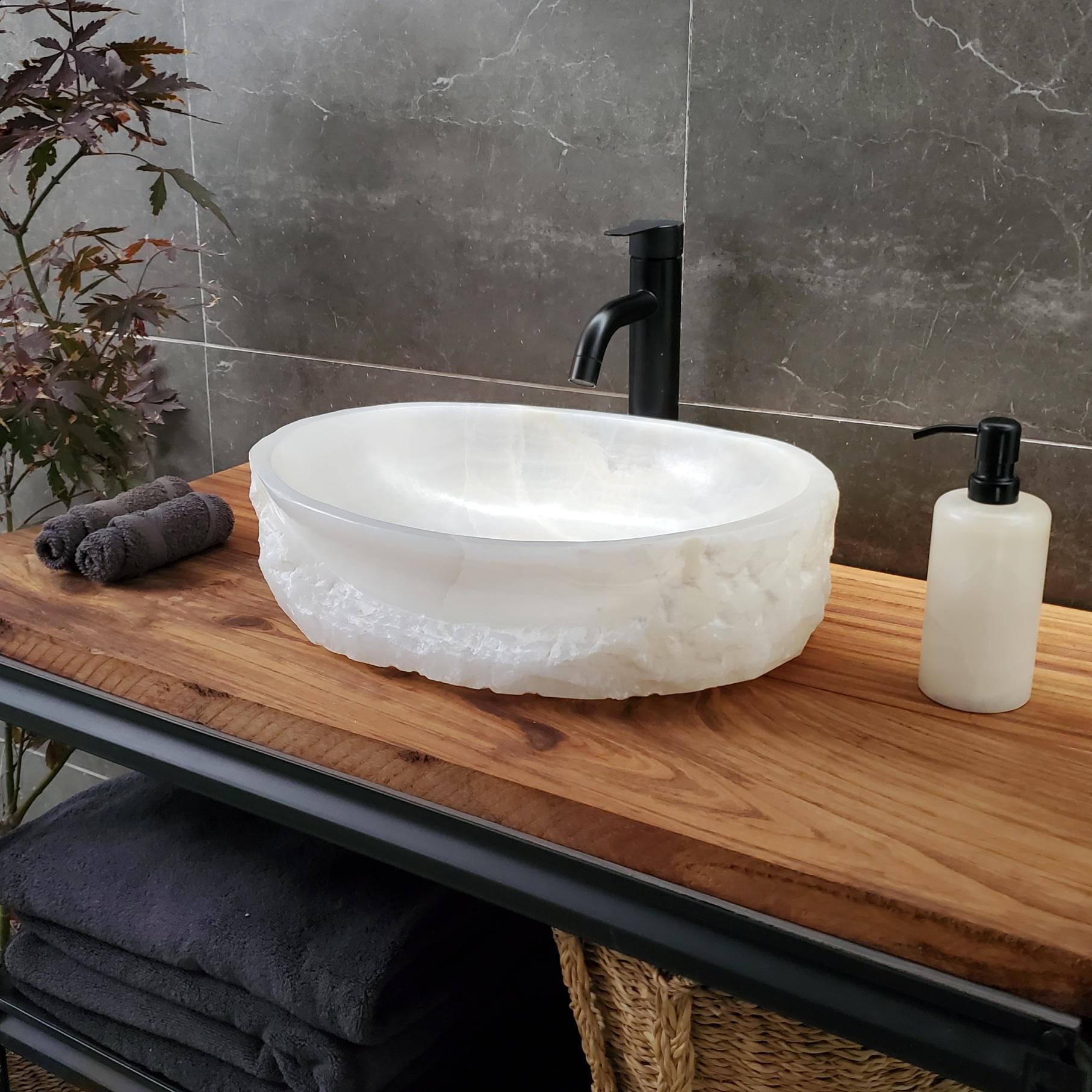 White Onyx Vessel Sink – Oval Natural Stone Countertop Sink, Polished Vanity Basin, Luxury Spa Bathroom Decor 18.5x13.5 Inch Above Counter sink Bathroom Décor beige tan taupe hand basin bowl handmade powder room Home design trends luxury bathroom Marble Onix Rock modern contemporary natural stone sink plumbing fixture Rectangle Vessel Tan Rustic Onyx Vessel Sinks Translucent Polish