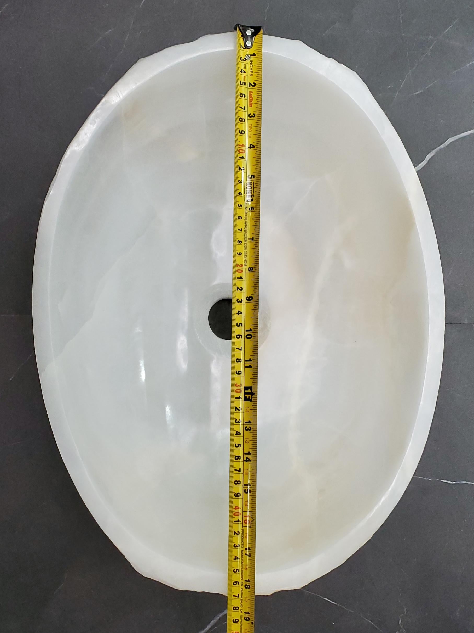 White Onyx Vessel Sink – Oval Natural Stone Countertop Sink, Polished Vanity Basin, Luxury Spa Bathroom Decor 18.5x13.5 Inch Above Counter sink Bathroom Décor beige tan taupe hand basin bowl handmade powder room Home design trends luxury bathroom Marble Onix Rock modern contemporary natural stone sink plumbing fixture Rectangle Vessel Tan Rustic Onyx Vessel Sinks Translucent Polish