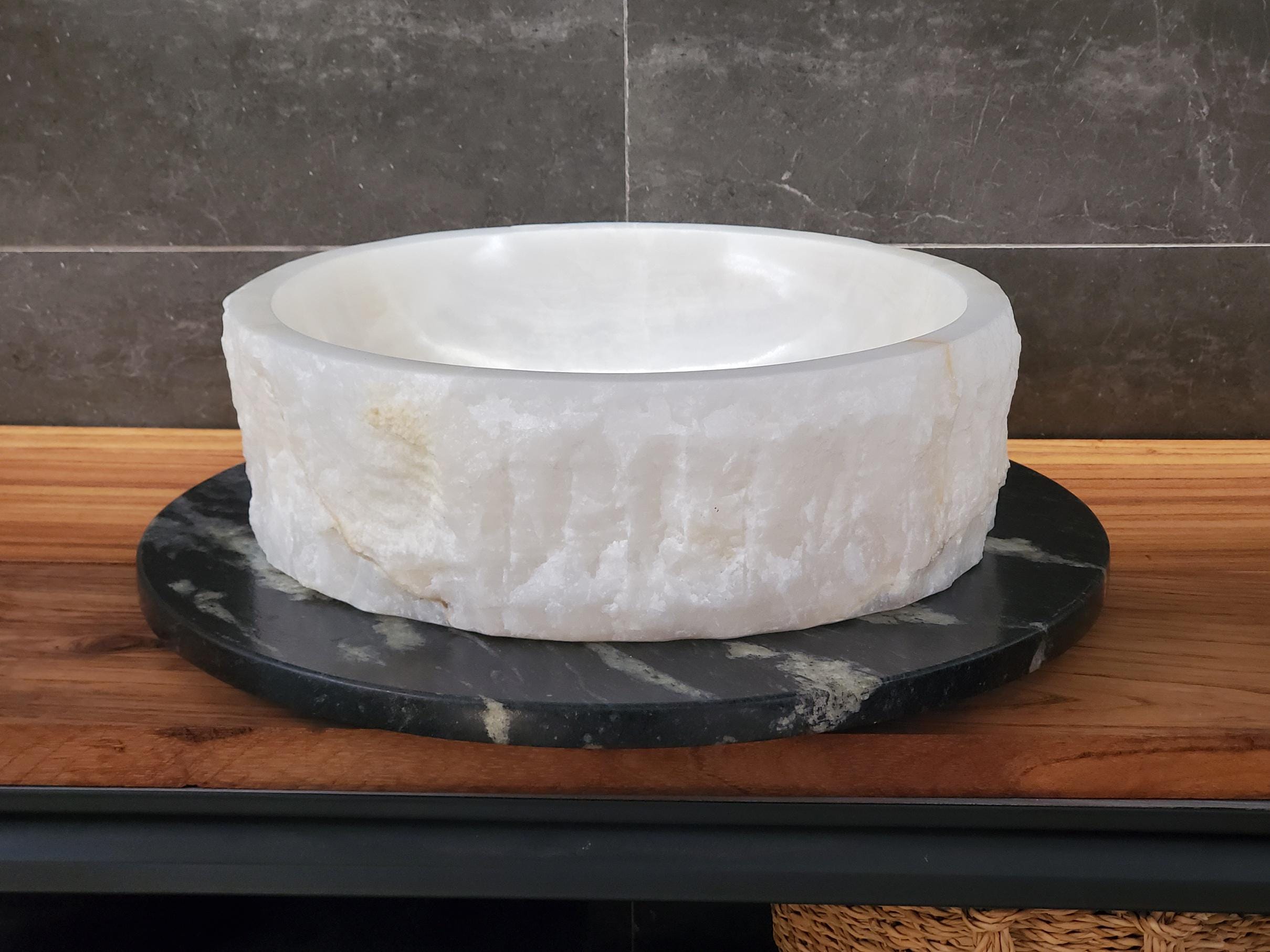 White Onyx Vessel Sink, 16x16 Inch Natural Stone Countertop Basin, Polished Luxury Vanity Sink, Spa Bathroom Decor Above Counter sink Bathroom Décor beige tan taupe hand basin bowl handmade powder room Home design trends luxury bathroom Marble Onix Rock modern contemporary natural stone sink plumbing fixture Rectangle Vessel Tan Rustic Onyx Vessel Sinks Translucent Polish