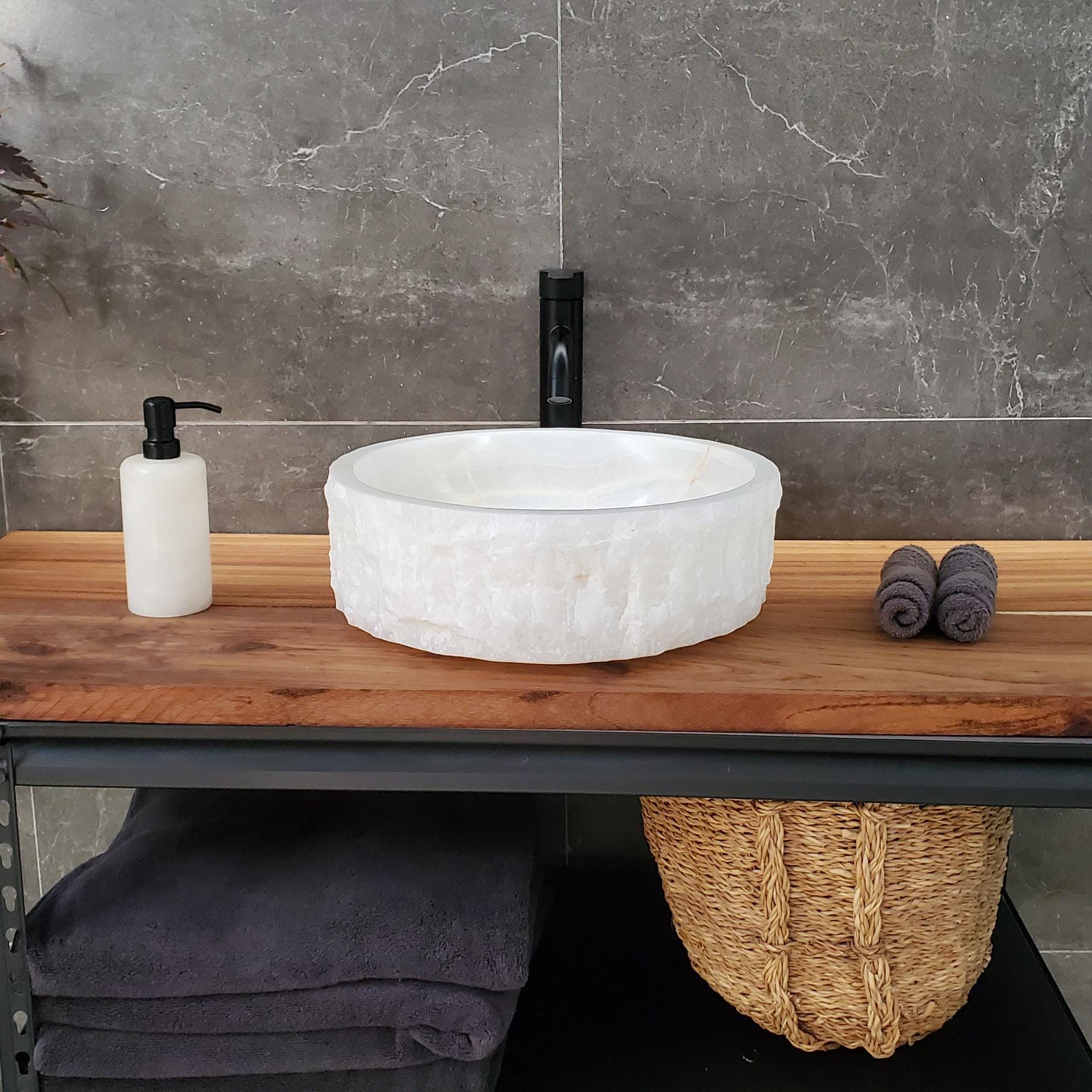 White Onyx Vessel Sink – Round Natural Stone Countertop Sink, Polished Vanity Basin, Luxury Spa Bathroom Decor 15.8x15.8 Inch Above Counter sink Bathroom Décor beige tan taupe hand basin bowl handmade powder room Home design trends luxury bathroom Marble Onix Rock modern contemporary natural stone sink plumbing fixture Rectangle Vessel Tan Rustic Onyx Vessel Sinks Translucent Polish