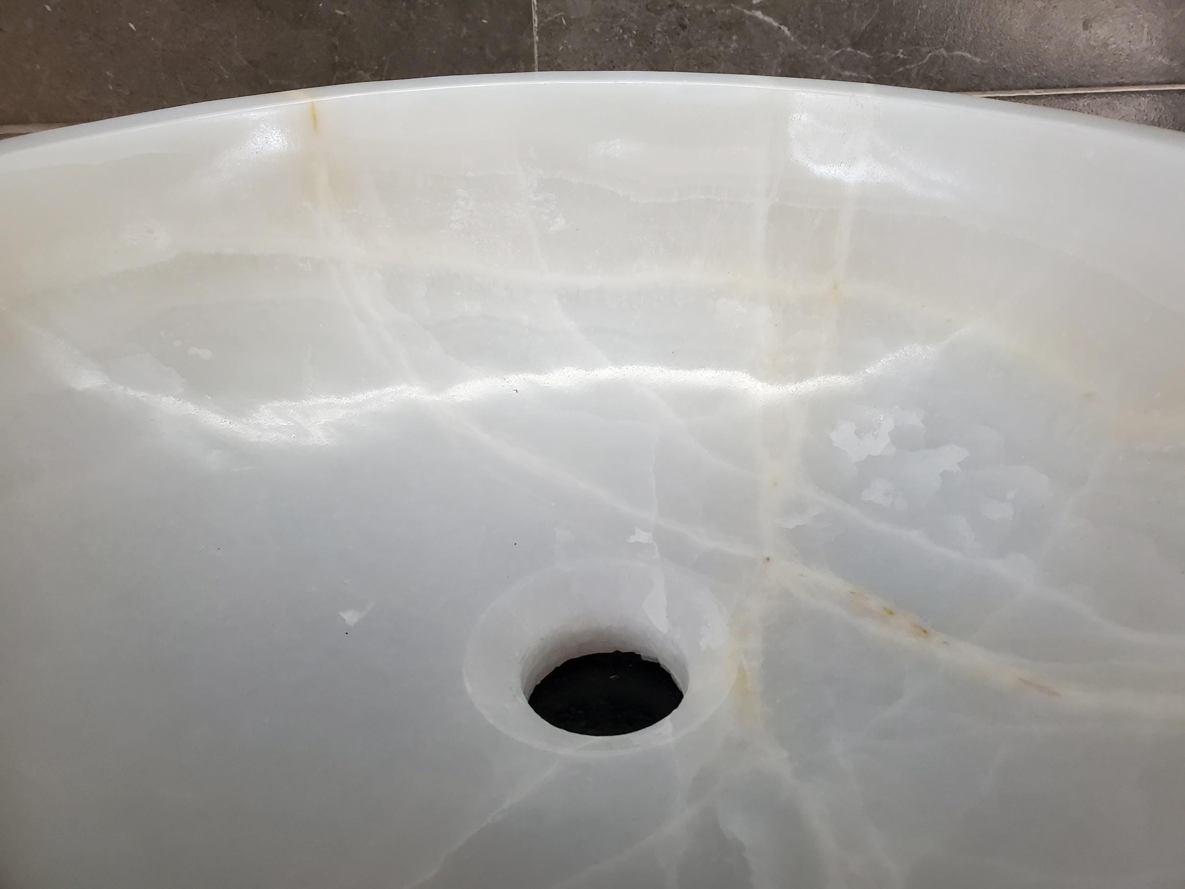 White Onyx Vessel Sink – Round Natural Stone Countertop Sink, Polished Vanity Basin, Luxury Spa Bathroom Decor 15.8x15.8 Inch Above Counter sink Bathroom Décor beige tan taupe hand basin bowl handmade powder room Home design trends luxury bathroom Marble Onix Rock modern contemporary natural stone sink plumbing fixture Rectangle Vessel Tan Rustic Onyx Vessel Sinks Translucent Polish