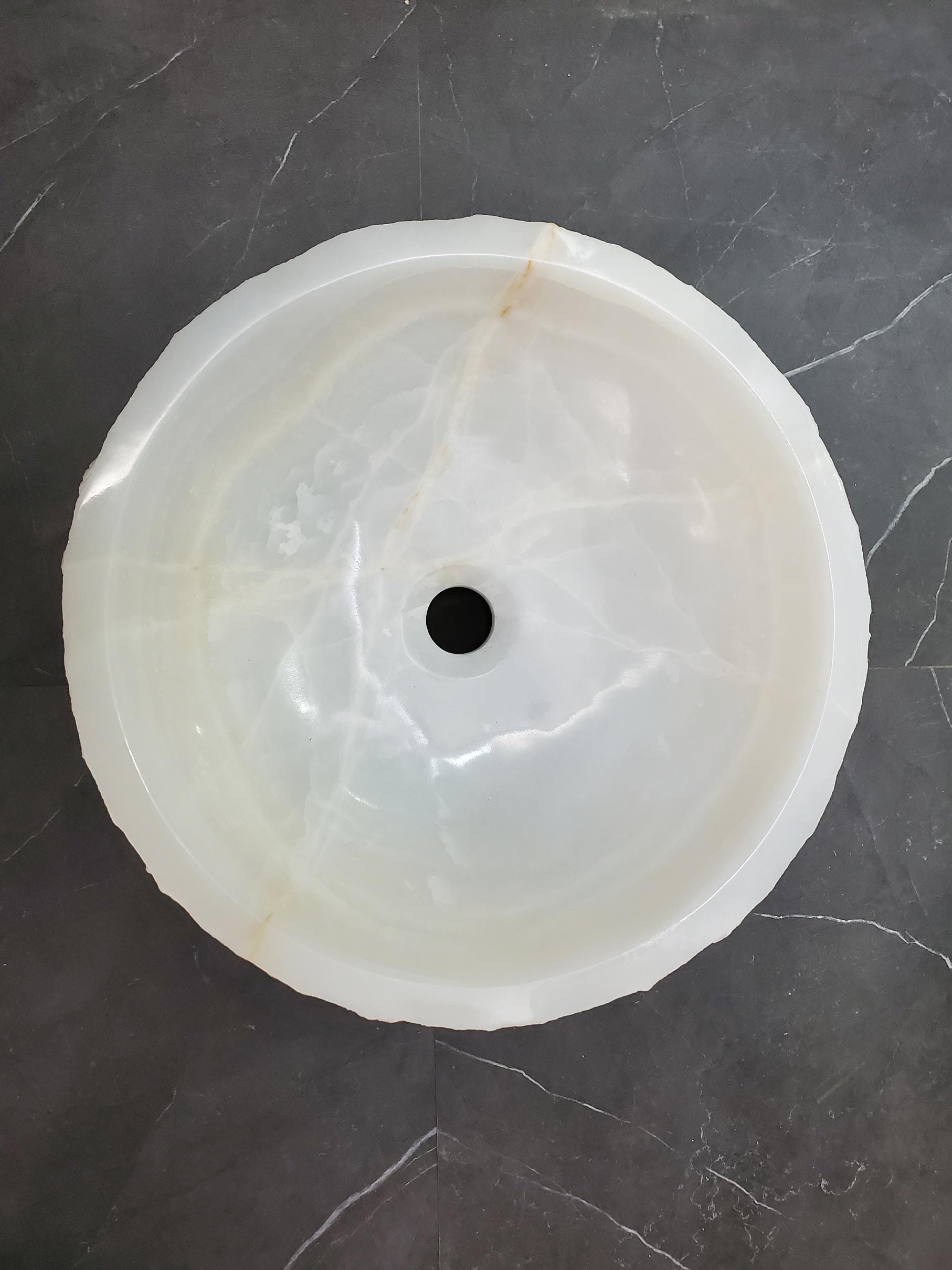 White Onyx Vessel Sink – Round Natural Stone Countertop Sink, Polished Vanity Basin, Luxury Spa Bathroom Decor 15.8x15.8 Inch Above Counter sink Bathroom Décor beige tan taupe hand basin bowl handmade powder room Home design trends luxury bathroom Marble Onix Rock modern contemporary natural stone sink plumbing fixture Rectangle Vessel Tan Rustic Onyx Vessel Sinks Translucent Polish