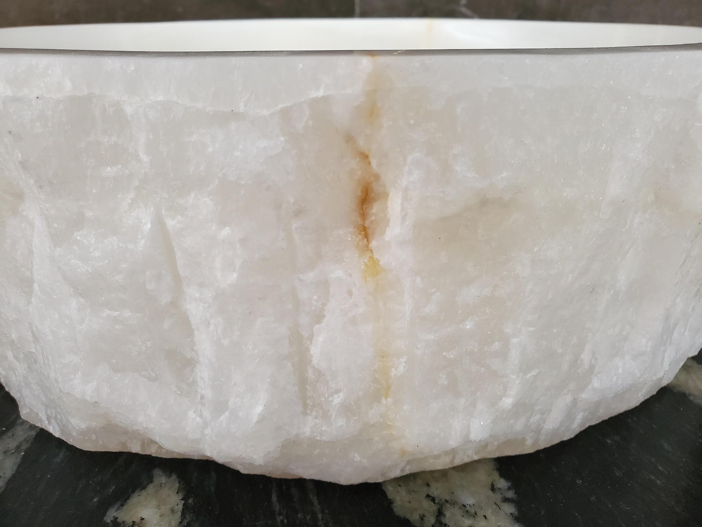 White Onyx Vessel Sink – Round Natural Stone Countertop Sink, Polished Vanity Basin, Luxury Spa Bathroom Decor 15.8x15.8 Inch Above Counter sink Bathroom Décor beige tan taupe hand basin bowl handmade powder room Home design trends luxury bathroom Marble Onix Rock modern contemporary natural stone sink plumbing fixture Rectangle Vessel Tan Rustic Onyx Vessel Sinks Translucent Polish