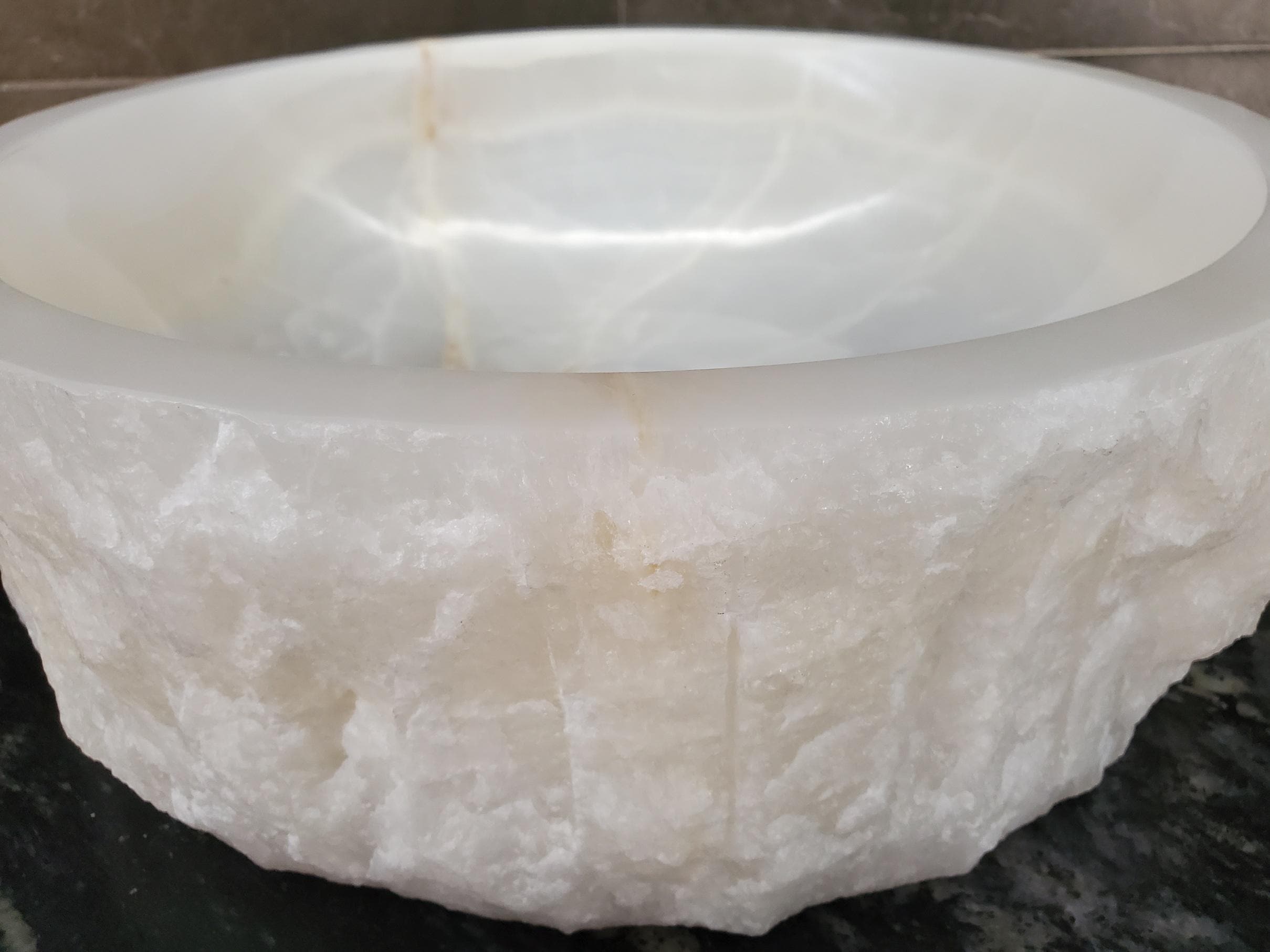 White Onyx Vessel Sink – Round Natural Stone Countertop Sink, Polished Vanity Basin, Luxury Spa Bathroom Decor 15.8x15.8 Inch Above Counter sink Bathroom Décor beige tan taupe hand basin bowl handmade powder room Home design trends luxury bathroom Marble Onix Rock modern contemporary natural stone sink plumbing fixture Rectangle Vessel Tan Rustic Onyx Vessel Sinks Translucent Polish