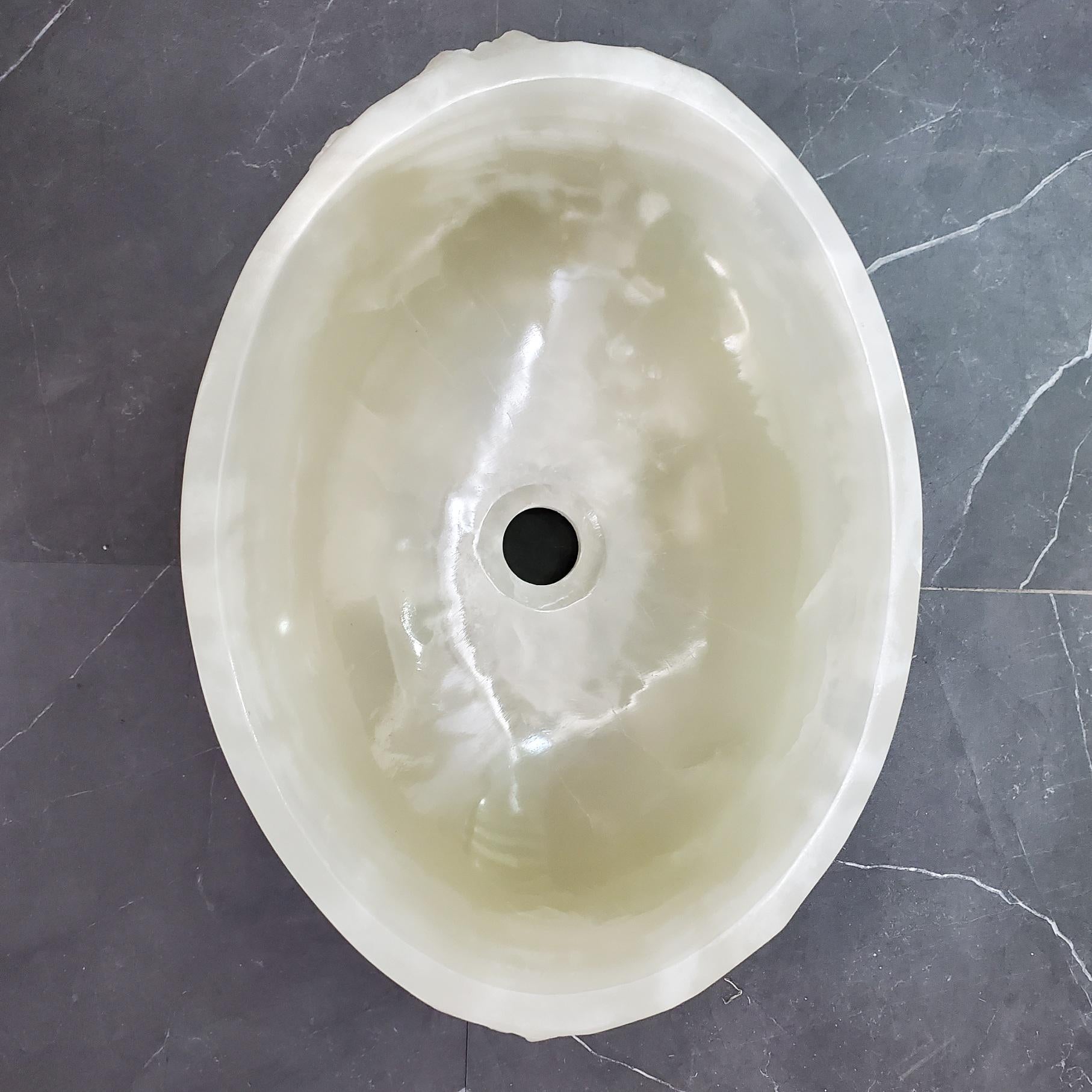 Green White Onyx Marble Vessel Sink, Natural Stone Vanity Basin, Polished Bathroom Countertop Sink, Spa Decor 17x13 Inch Above Counter sink Bathroom Décor beige tan taupe hand basin bowl handmade powder room Home design trends luxury bathroom Marble Onix Rock modern contemporary natural stone sink plumbing fixture Rectangle Vessel Tan Rustic Onyx Vessel Sinks Translucent Polish