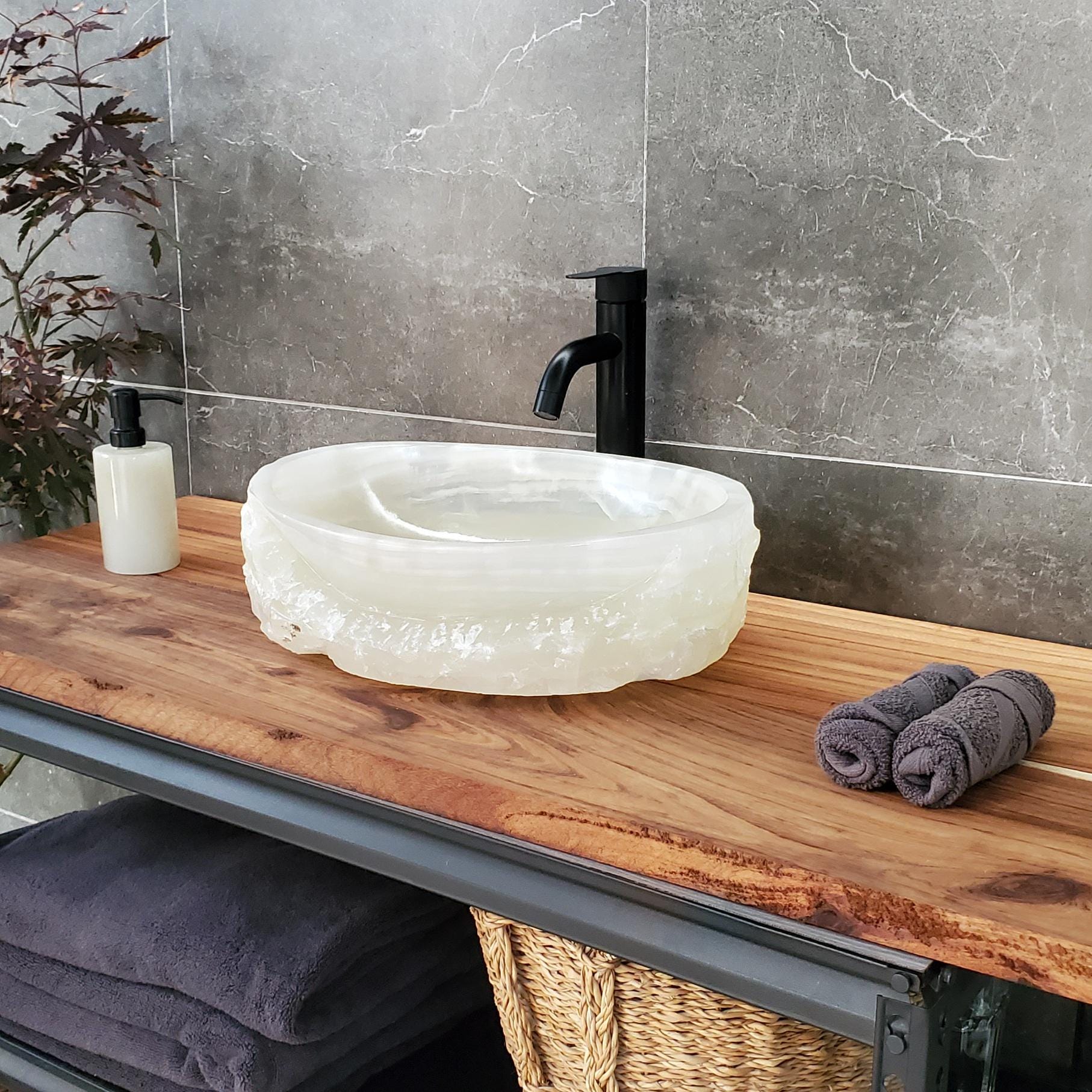 Green White Onyx Marble Vessel Sink, Natural Stone Vanity Basin, Polished Bathroom Countertop Sink, Spa Decor 17x13 Inch Above Counter sink Bathroom Décor beige tan taupe hand basin bowl handmade powder room Home design trends luxury bathroom Marble Onix Rock modern contemporary natural stone sink plumbing fixture Rectangle Vessel Tan Rustic Onyx Vessel Sinks Translucent Polish