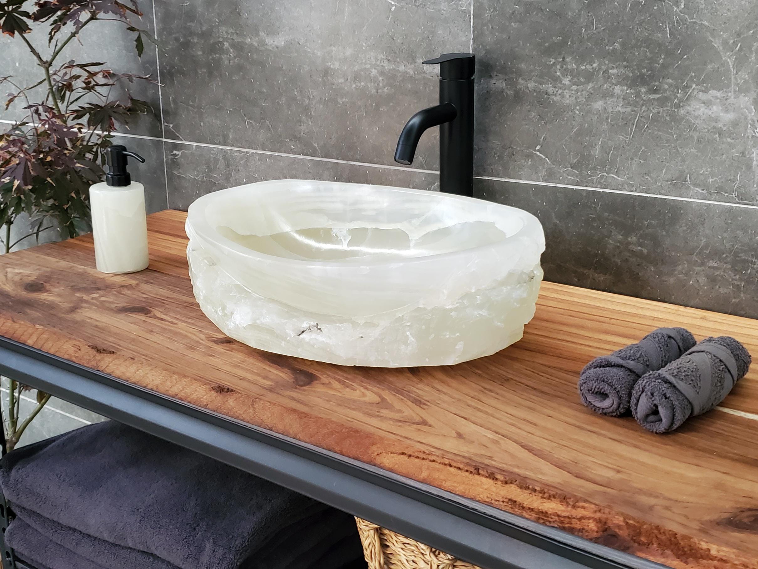 Green Onyx Vessel Sink, 17x13 Inch Natural Stone Countertop Basin, Polished Luxury Vanity Sink, Spa Bathroom Decor Above Counter sink Bathroom Décor beige tan taupe hand basin bowl handmade powder room Home design trends luxury bathroom Marble Onix Rock modern contemporary natural stone sink plumbing fixture Rectangle Vessel Tan Rustic Onyx Vessel Sinks Translucent Polish