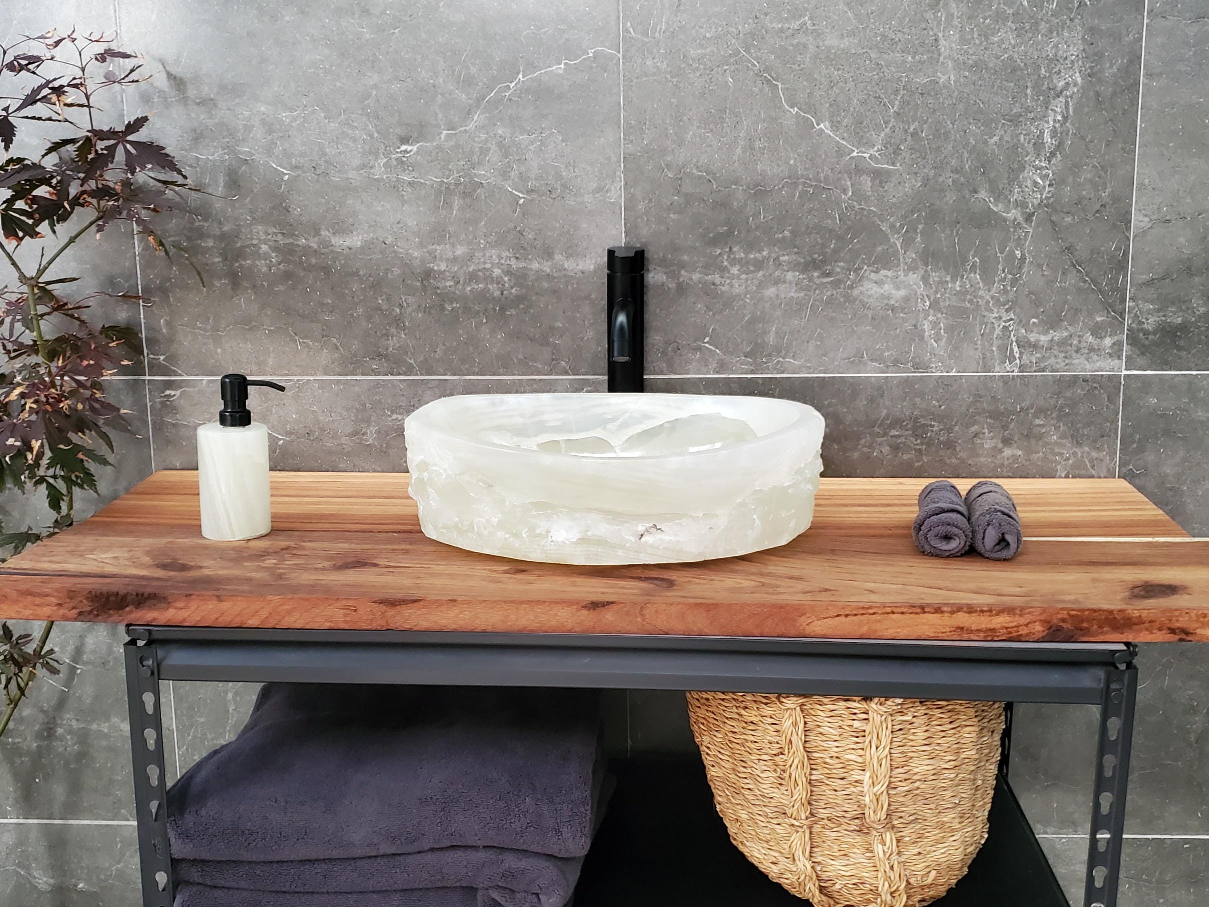 Green Onyx Vessel Sink, 17x13 Inch Natural Stone Countertop Basin, Polished Luxury Vanity Sink, Spa Bathroom Decor Above Counter sink Bathroom Décor beige tan taupe hand basin bowl handmade powder room Home design trends luxury bathroom Marble Onix Rock modern contemporary natural stone sink plumbing fixture Rectangle Vessel Tan Rustic Onyx Vessel Sinks Translucent Polish