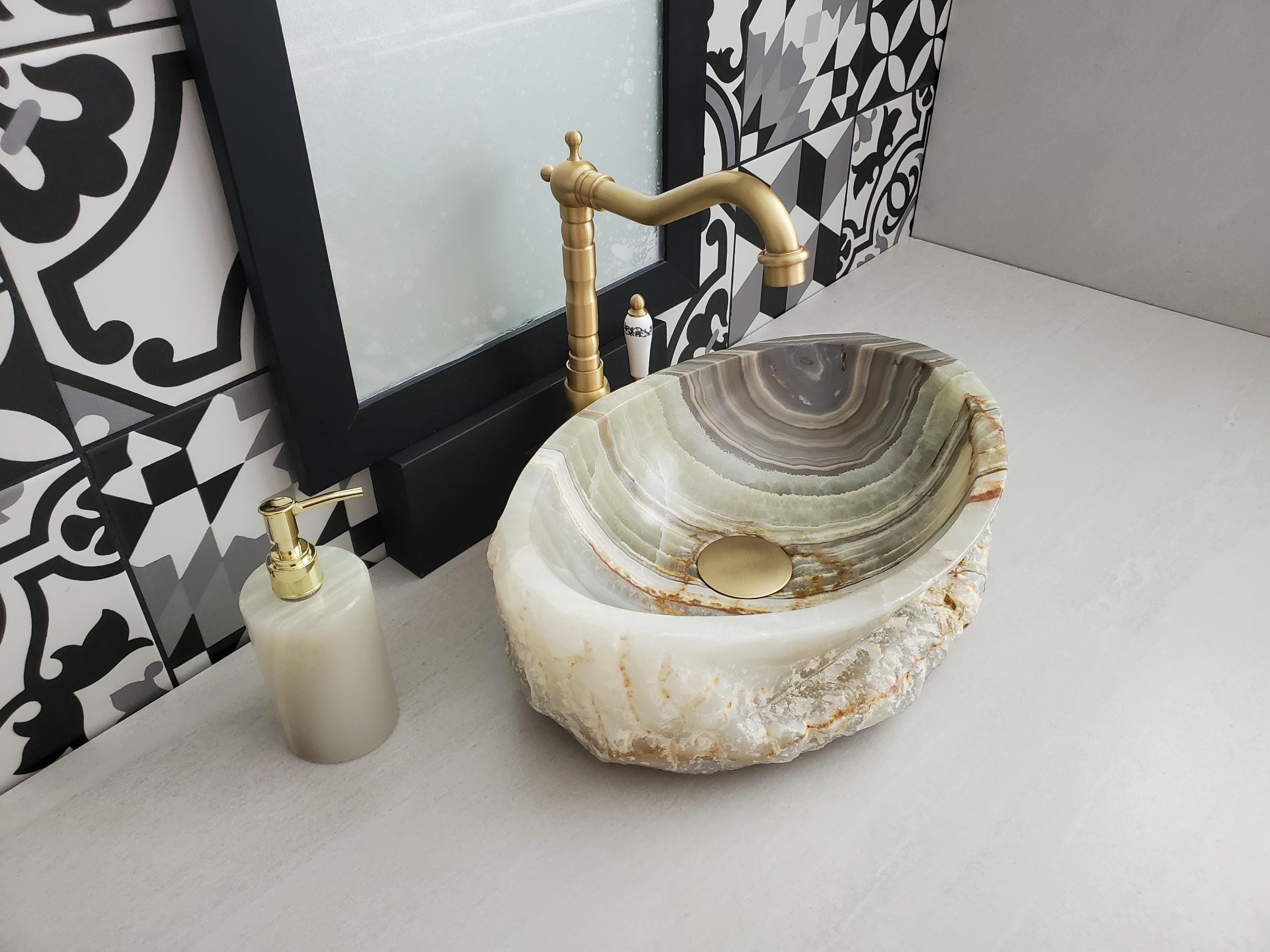Green Onyx Vessel Sink – Oval Natural Stone Countertop Sink, Polished Vanity Basin, Luxury Spa Bathroom Decor 15.5x11 Inch Above Counter sink Bathroom Décor beige tan taupe hand basin bowl handmade powder room Home design trends luxury bathroom Marble Onix Rock modern contemporary natural stone sink plumbing fixture Rectangle Vessel Tan Rustic Onyx Vessel Sinks Translucent Polish