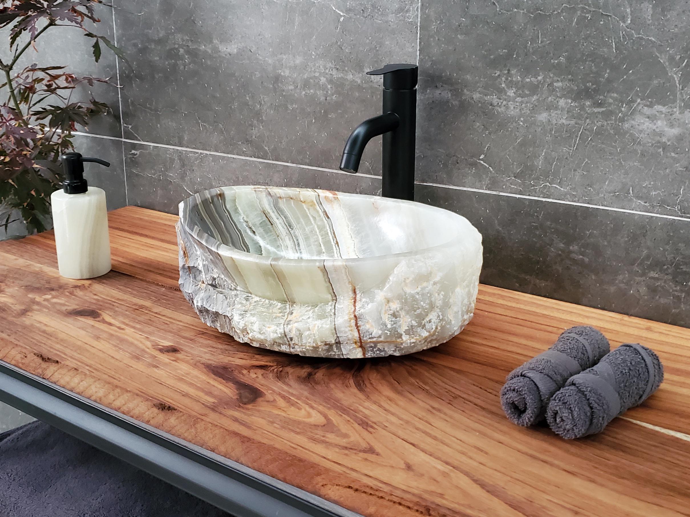 Green Onyx Vessel Sink – Oval Natural Stone Countertop Sink, Polished Vanity Basin, Luxury Spa Bathroom Decor 15.5x11 Inch Above Counter sink Bathroom Décor beige tan taupe hand basin bowl handmade powder room Home design trends luxury bathroom Marble Onix Rock modern contemporary natural stone sink plumbing fixture Rectangle Vessel Tan Rustic Onyx Vessel Sinks Translucent Polish