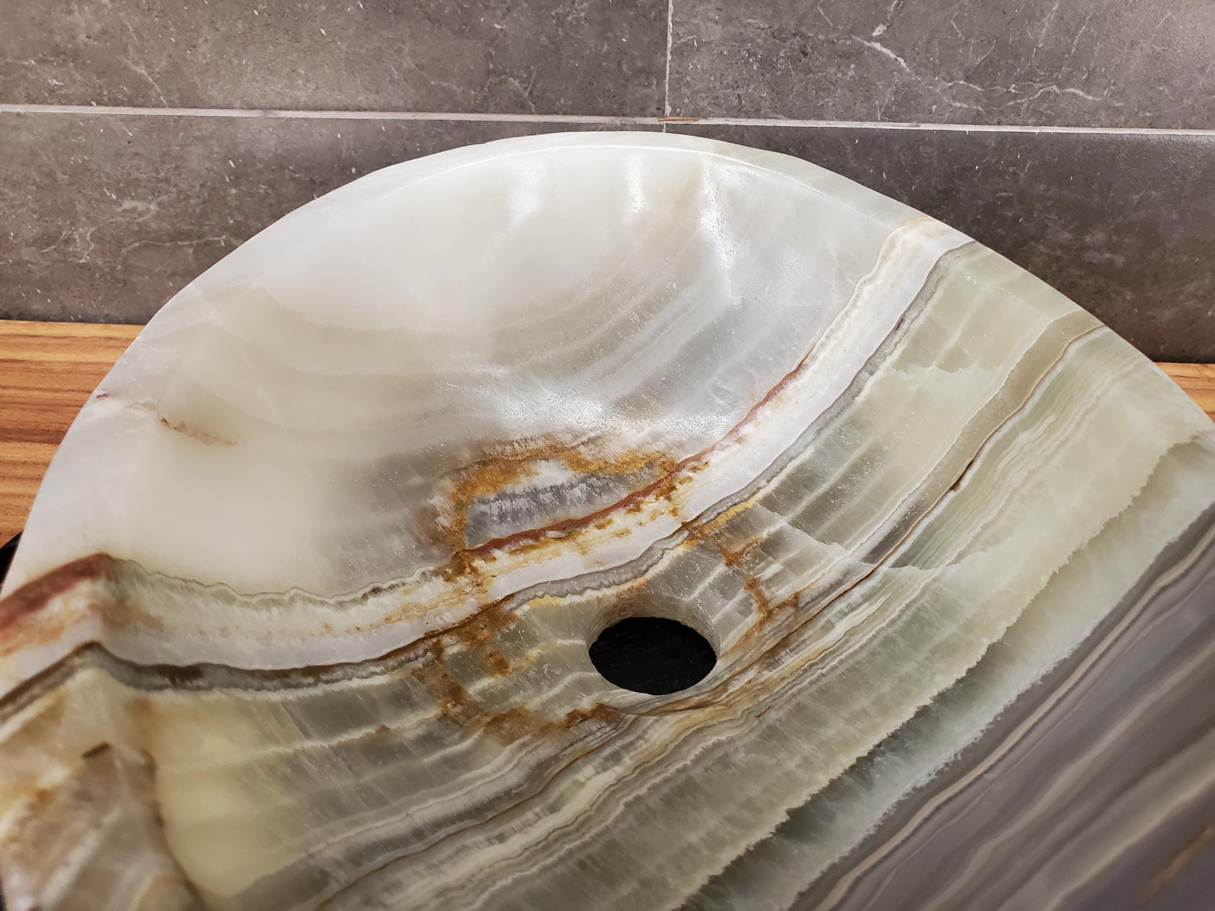 Green Onyx Vessel Sink – Oval Natural Stone Countertop Sink, Polished Vanity Basin, Luxury Spa Bathroom Decor 15.5x11 Inch Above Counter sink Bathroom Décor beige tan taupe hand basin bowl handmade powder room Home design trends luxury bathroom Marble Onix Rock modern contemporary natural stone sink plumbing fixture Rectangle Vessel Tan Rustic Onyx Vessel Sinks Translucent Polish