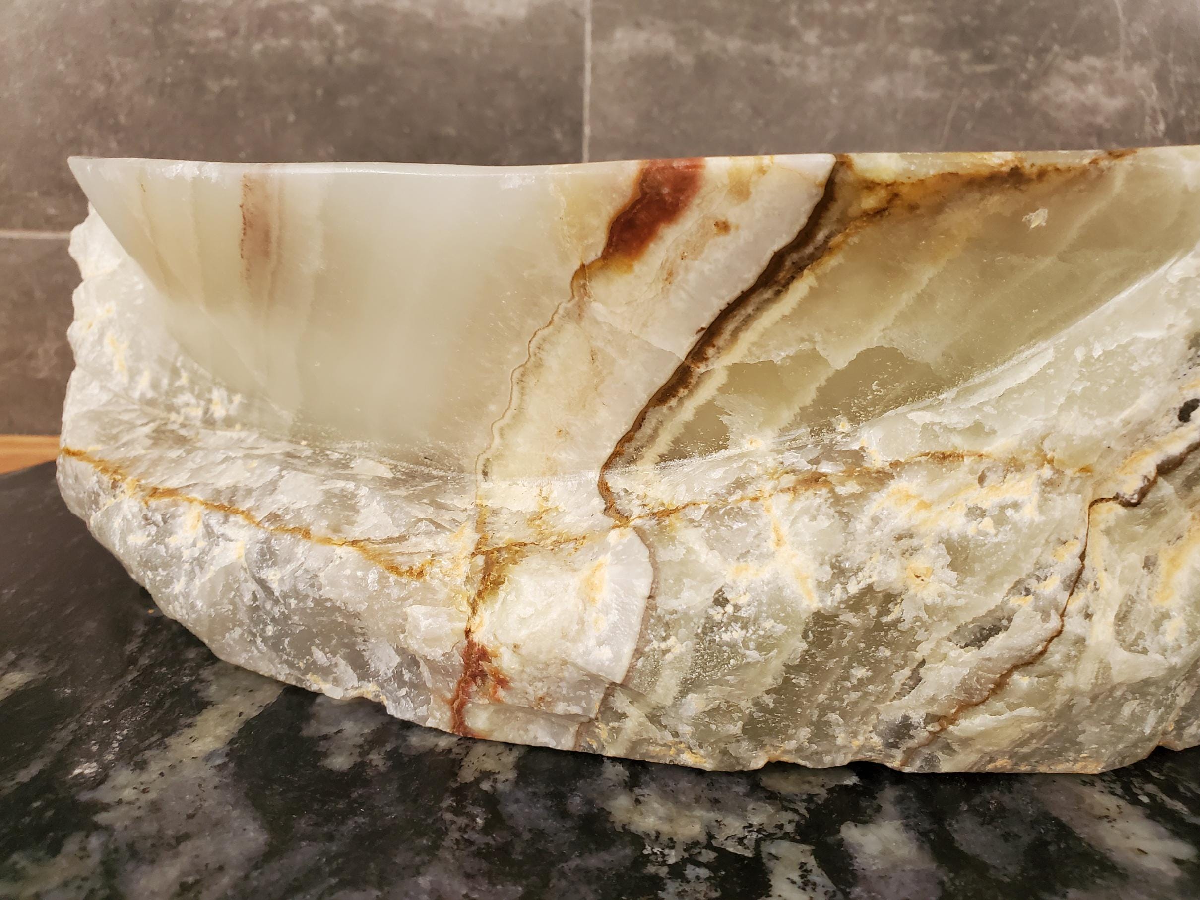 Green Onyx Vessel Sink – Oval Natural Stone Countertop Sink, Polished Vanity Basin, Luxury Spa Bathroom Decor 15.5x11 Inch Above Counter sink Bathroom Décor beige tan taupe hand basin bowl handmade powder room Home design trends luxury bathroom Marble Onix Rock modern contemporary natural stone sink plumbing fixture Rectangle Vessel Tan Rustic Onyx Vessel Sinks Translucent Polish