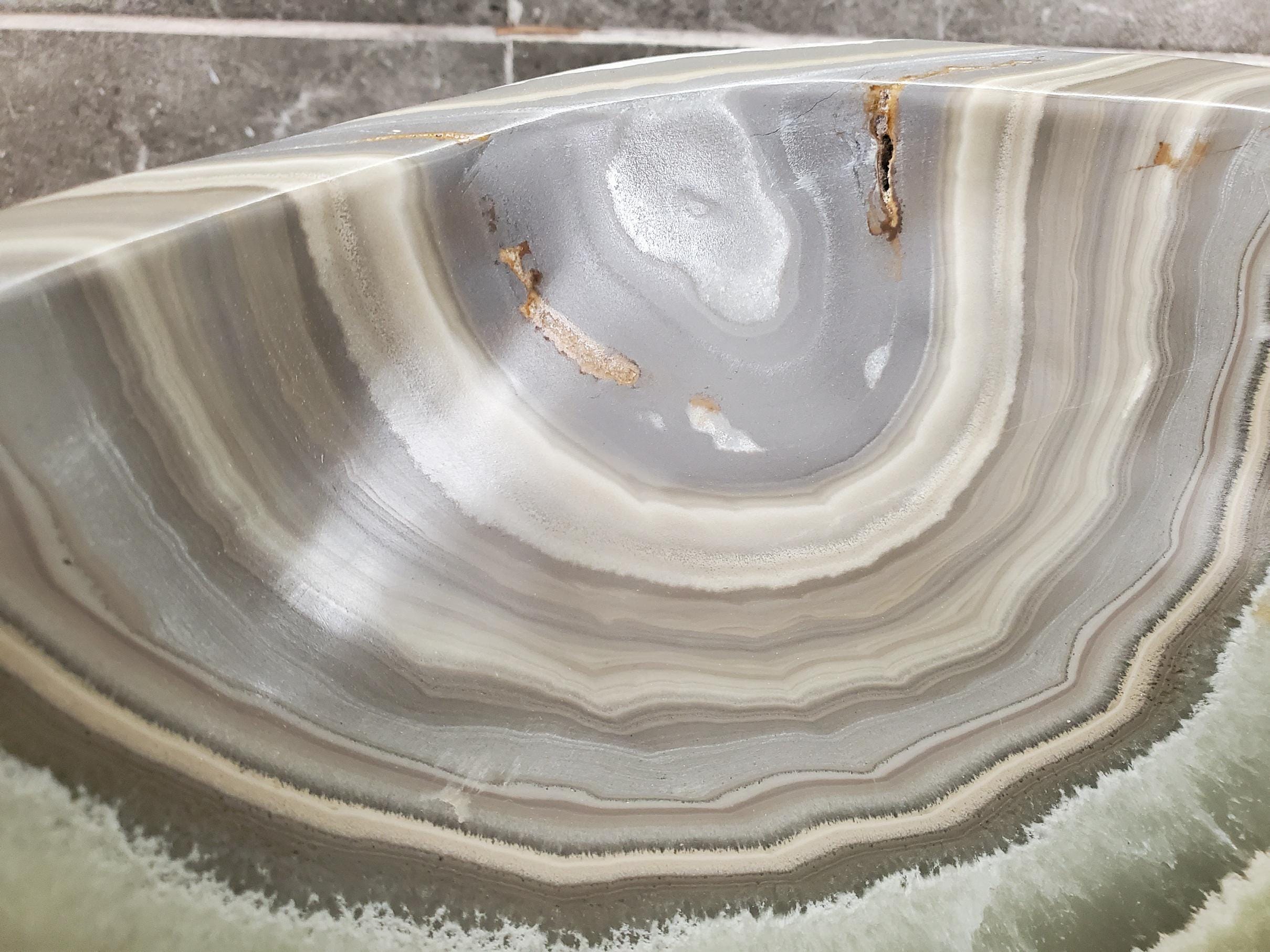 Green Onyx Vessel Sink – Oval Natural Stone Countertop Sink, Polished Vanity Basin, Luxury Spa Bathroom Decor 15.5x11 Inch Above Counter sink Bathroom Décor beige tan taupe hand basin bowl handmade powder room Home design trends luxury bathroom Marble Onix Rock modern contemporary natural stone sink plumbing fixture Rectangle Vessel Tan Rustic Onyx Vessel Sinks Translucent Polish