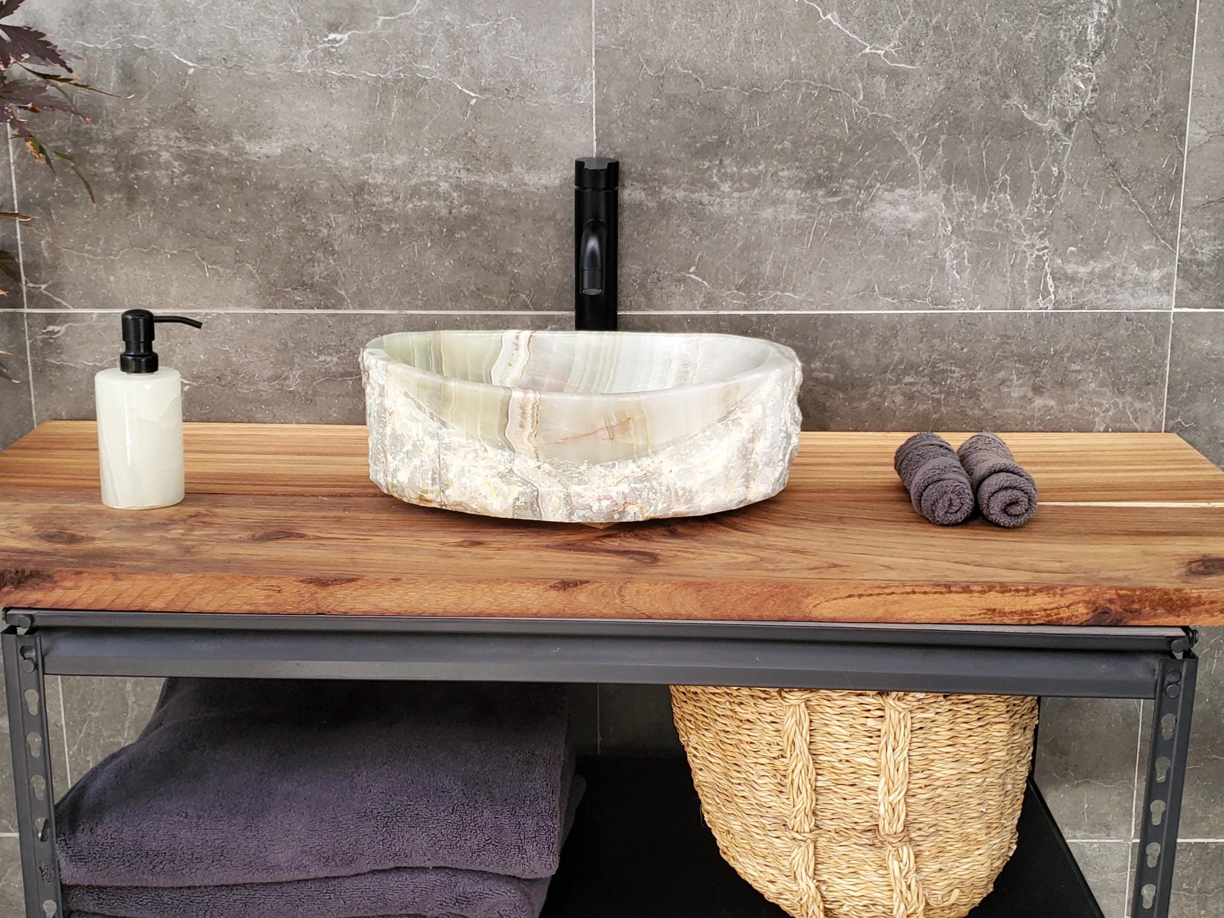 Green Onyx Vessel Sink, Natural Stone Vanity Basin, Polished Bathroom Countertop Sink, Spa Decor 15.5x11.5 Inch Above Counter sink Bathroom Décor beige tan taupe hand basin bowl handmade powder room Home design trends luxury bathroom Marble Onix Rock modern contemporary natural stone sink plumbing fixture Rectangle Vessel Tan Rustic Onyx Vessel Sinks Translucent Polish