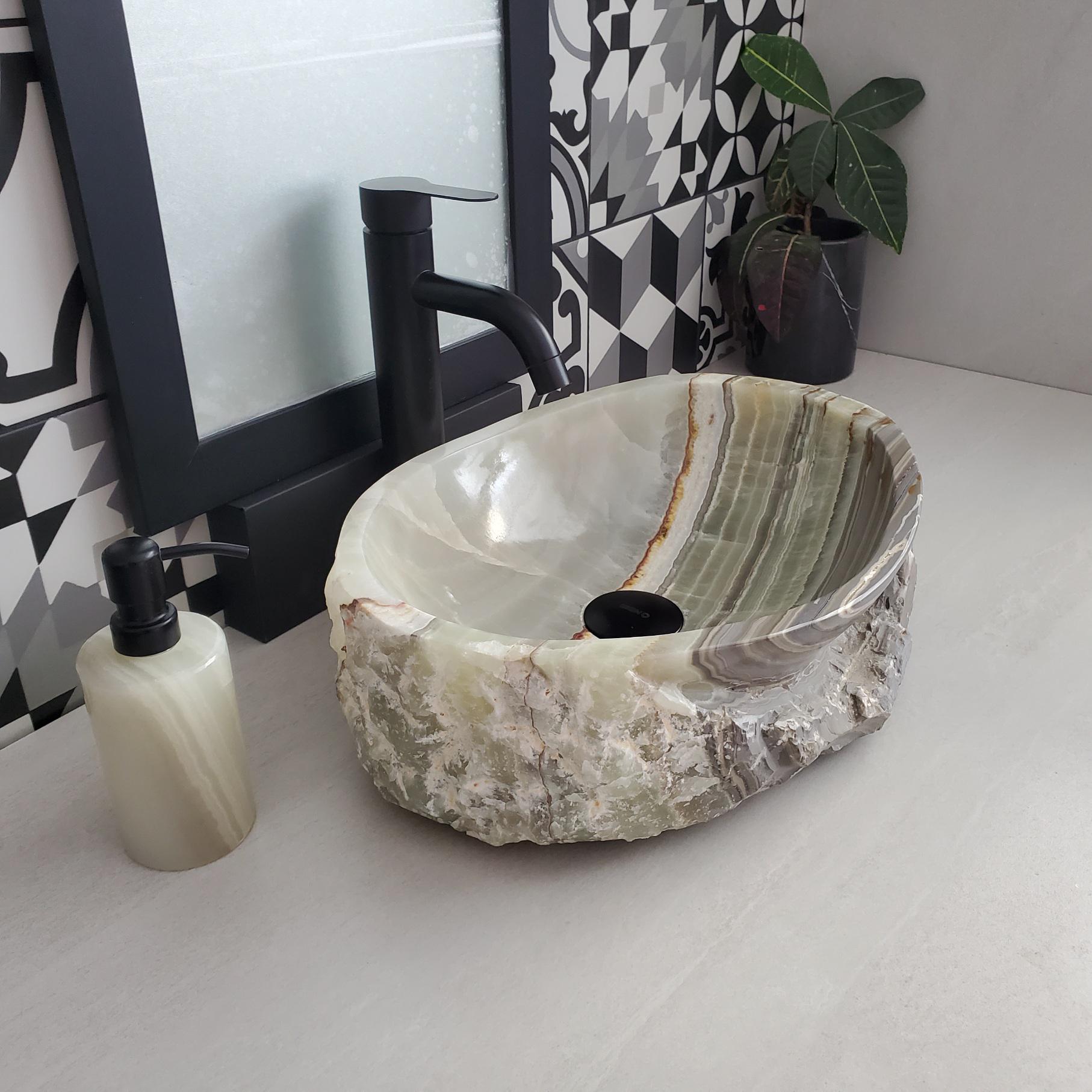 Green Onyx Vessel Sink, Natural Stone Vanity Basin, Polished Bathroom Countertop Sink, Spa Decor 16.5x12.5 Inch Above Counter sink Bathroom Décor beige tan taupe hand basin bowl handmade powder room Home design trends luxury bathroom Marble Onix Rock modern contemporary natural stone sink plumbing fixture Rectangle Vessel Tan Rustic Onyx Vessel Sinks Translucent Polish