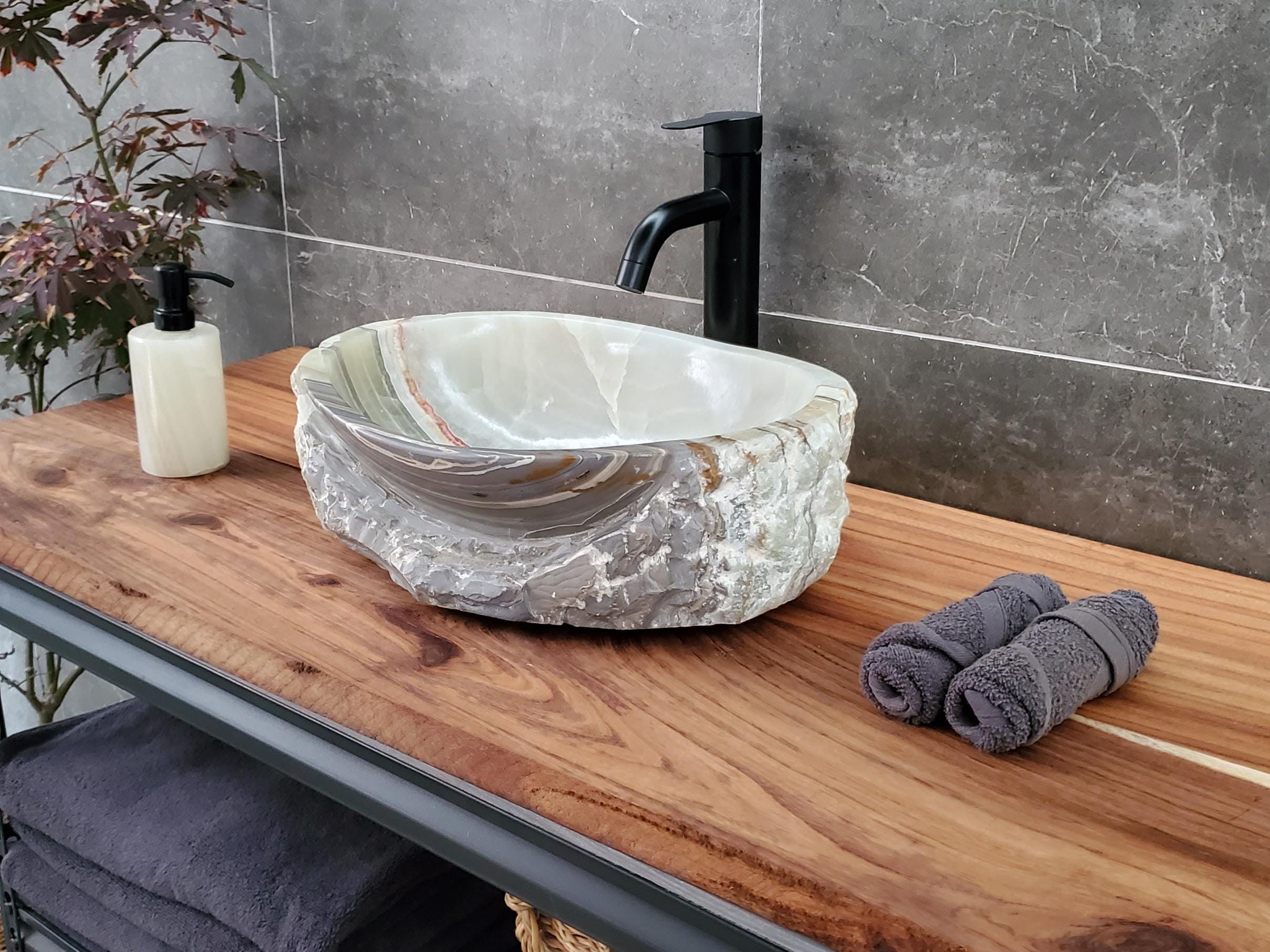 Green Onyx Vessel Sink, Natural Stone Vanity Basin, Polished Bathroom Countertop Sink, Spa Decor 16.5x12.5 Inch Above Counter sink Bathroom Décor beige tan taupe hand basin bowl handmade powder room Home design trends luxury bathroom Marble Onix Rock modern contemporary natural stone sink plumbing fixture Rectangle Vessel Tan Rustic Onyx Vessel Sinks Translucent Polish