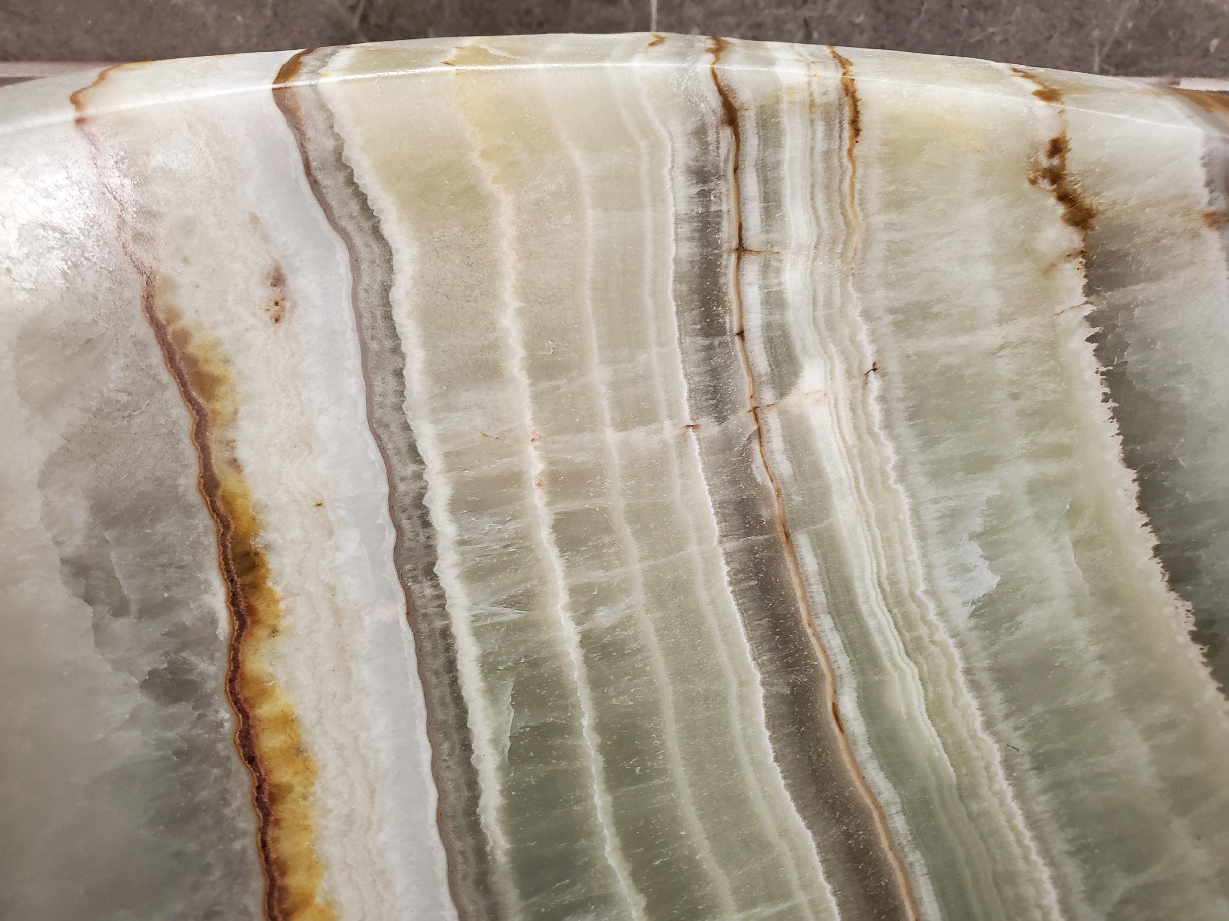 Green Onyx Vessel Sink, Natural Stone Vanity Basin, Polished Bathroom Countertop Sink, Spa Decor 16.5x12.5 Inch Above Counter sink Bathroom Décor beige tan taupe hand basin bowl handmade powder room Home design trends luxury bathroom Marble Onix Rock modern contemporary natural stone sink plumbing fixture Rectangle Vessel Tan Rustic Onyx Vessel Sinks Translucent Polish