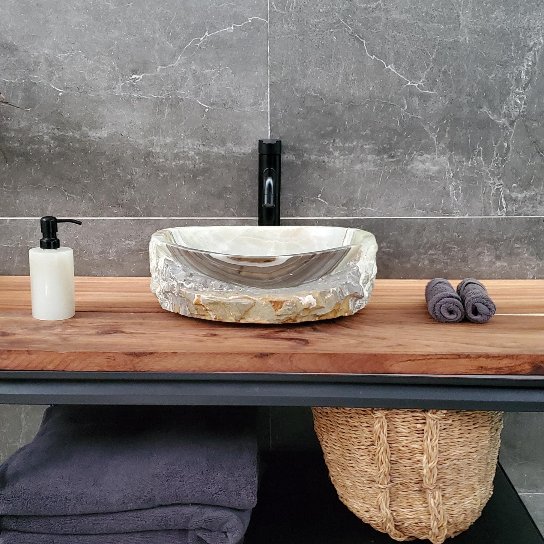 Green Onyx Vessel Sink – Oval Natural Stone Countertop Sink, Polished Vanity Basin, Luxury Spa Bathroom Decor 15x11.5 Inch Above Counter sink Bathroom Décor beige tan taupe hand basin bowl handmade powder room Home design trends luxury bathroom Marble Onix Rock modern contemporary natural stone sink plumbing fixture Rectangle Vessel Tan Rustic Onyx Vessel Sinks Translucent Polish