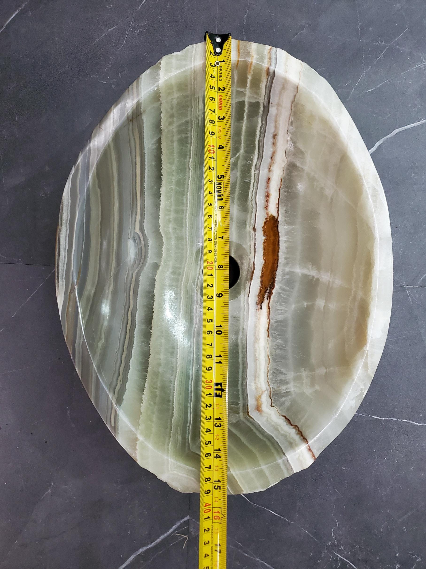 Green Onyx Vessel Sink – Oval Natural Stone Countertop Sink, Polished Vanity Basin, Luxury Spa Bathroom Decor 15x11.5 Inch Above Counter sink Bathroom Décor beige tan taupe hand basin bowl handmade powder room Home design trends luxury bathroom Marble Onix Rock modern contemporary natural stone sink plumbing fixture Rectangle Vessel Tan Rustic Onyx Vessel Sinks Translucent Polish
