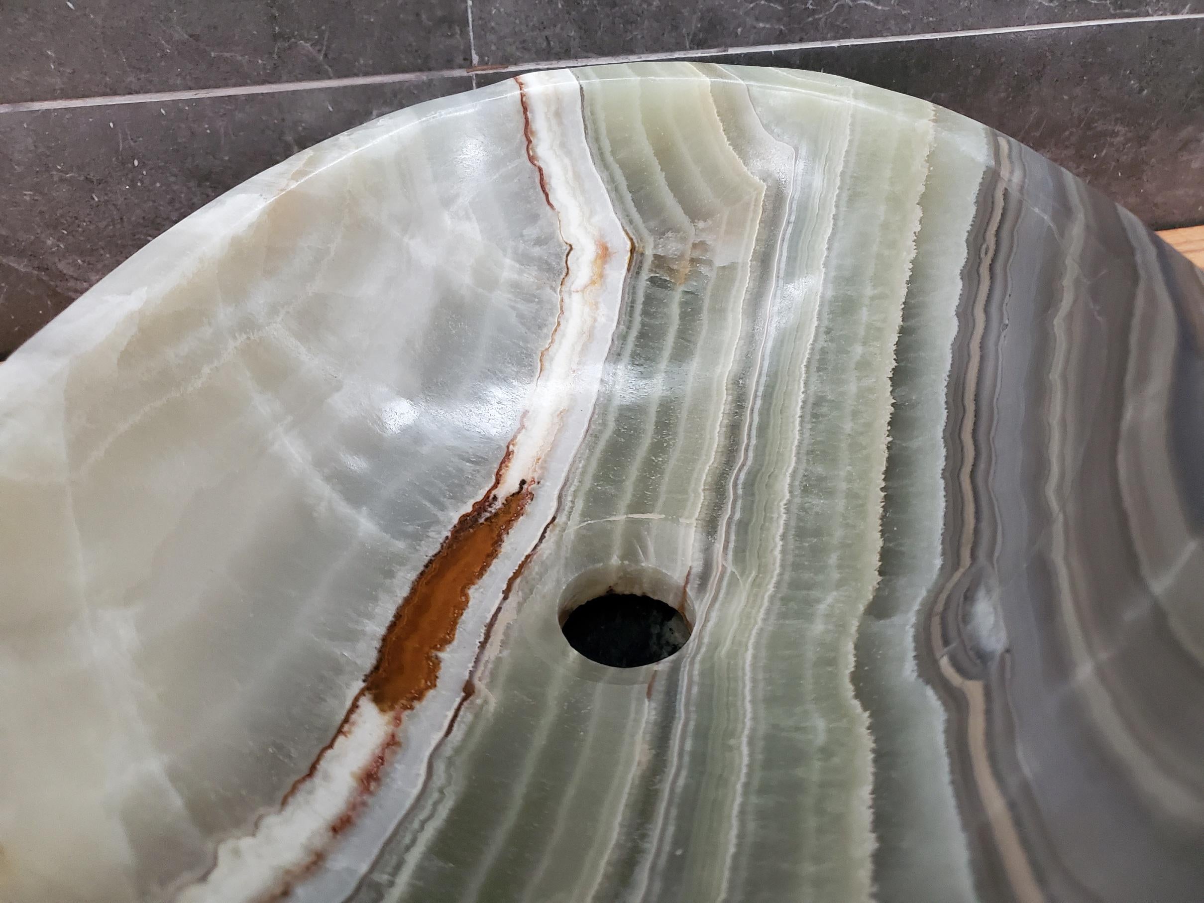 Green Onyx Vessel Sink – Oval Natural Stone Countertop Sink, Polished Vanity Basin, Luxury Spa Bathroom Decor 15x11.5 Inch Above Counter sink Bathroom Décor beige tan taupe hand basin bowl handmade powder room Home design trends luxury bathroom Marble Onix Rock modern contemporary natural stone sink plumbing fixture Rectangle Vessel Tan Rustic Onyx Vessel Sinks Translucent Polish