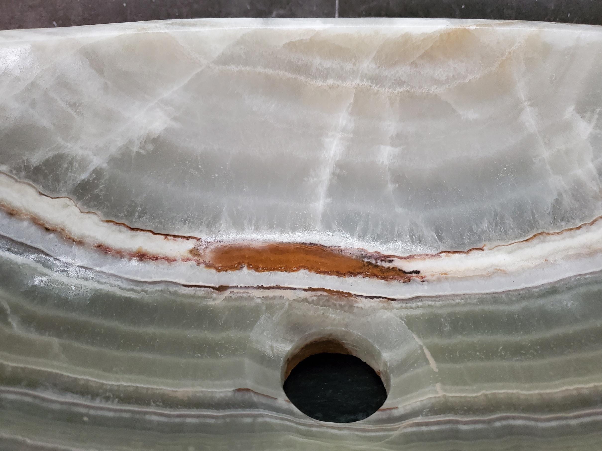 Green Onyx Vessel Sink – Oval Natural Stone Countertop Sink, Polished Vanity Basin, Luxury Spa Bathroom Decor 15x11.5 Inch Above Counter sink Bathroom Décor beige tan taupe hand basin bowl handmade powder room Home design trends luxury bathroom Marble Onix Rock modern contemporary natural stone sink plumbing fixture Rectangle Vessel Tan Rustic Onyx Vessel Sinks Translucent Polish