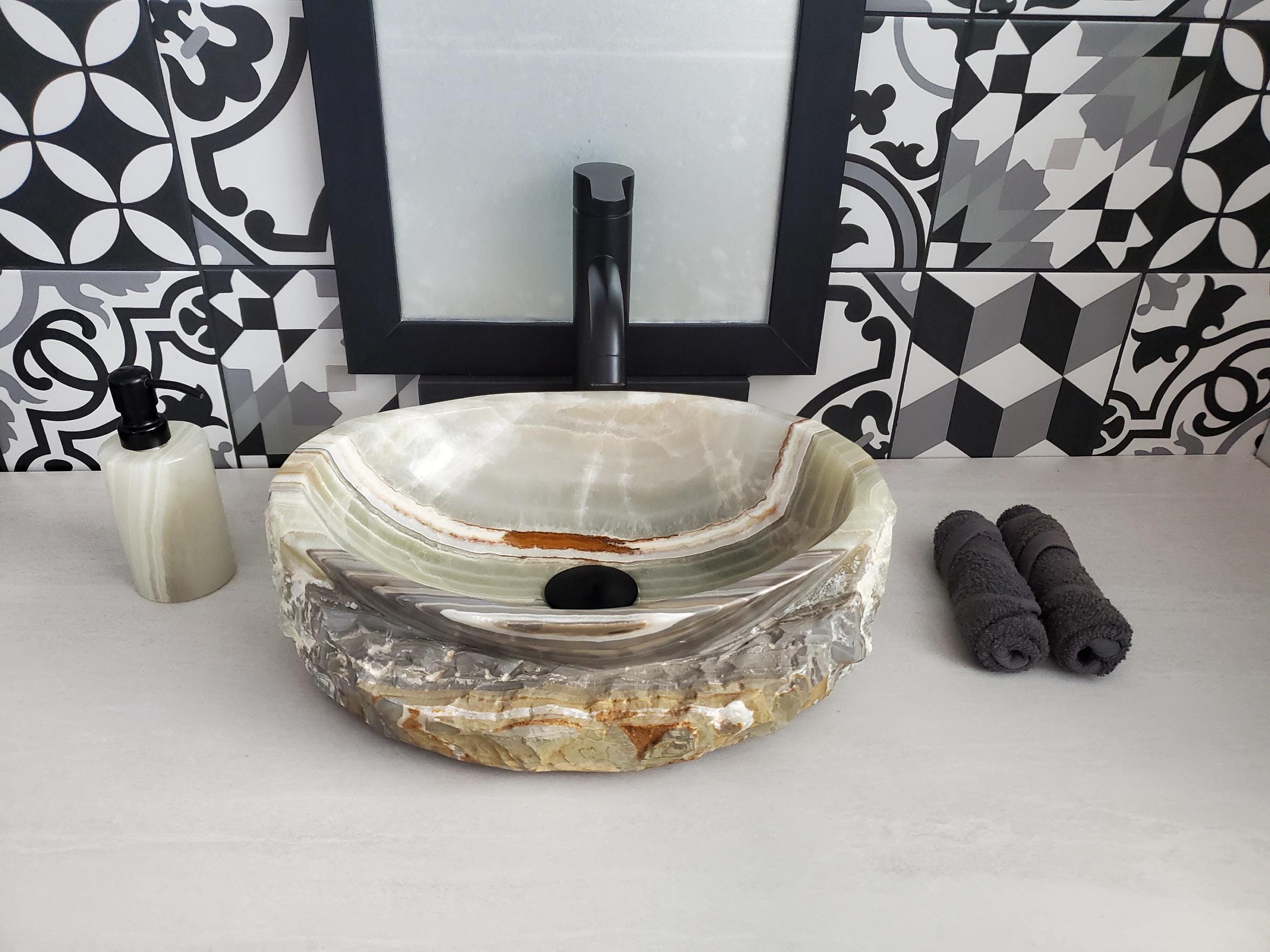 Green Onyx Vessel Sink – Oval Natural Stone Countertop Sink, Polished Vanity Basin, Luxury Spa Bathroom Decor 15x11.5 Inch Above Counter sink Bathroom Décor beige tan taupe hand basin bowl handmade powder room Home design trends luxury bathroom Marble Onix Rock modern contemporary natural stone sink plumbing fixture Rectangle Vessel Tan Rustic Onyx Vessel Sinks Translucent Polish