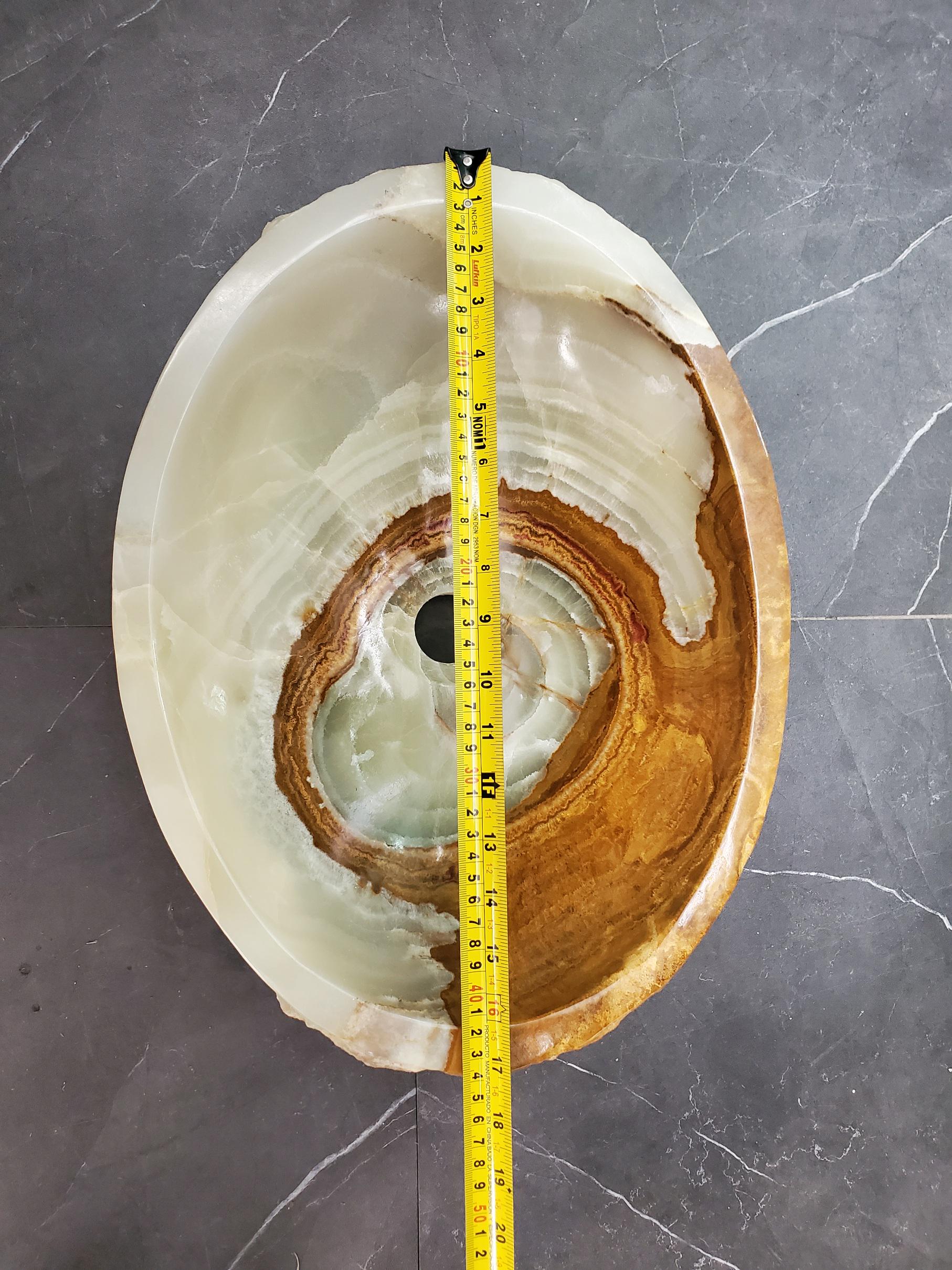 Green Onyx Vessel Sink – Oval Natural Stone Countertop Sink, Polished Vanity Basin, Luxury Spa Bathroom Decor 17x13 Inch Above Counter sink Bathroom Décor beige tan taupe hand basin bowl handmade powder room Home design trends luxury bathroom Marble Onix Rock modern contemporary natural stone sink plumbing fixture Rectangle Vessel Tan Rustic Onyx Vessel Sinks Translucent Polish