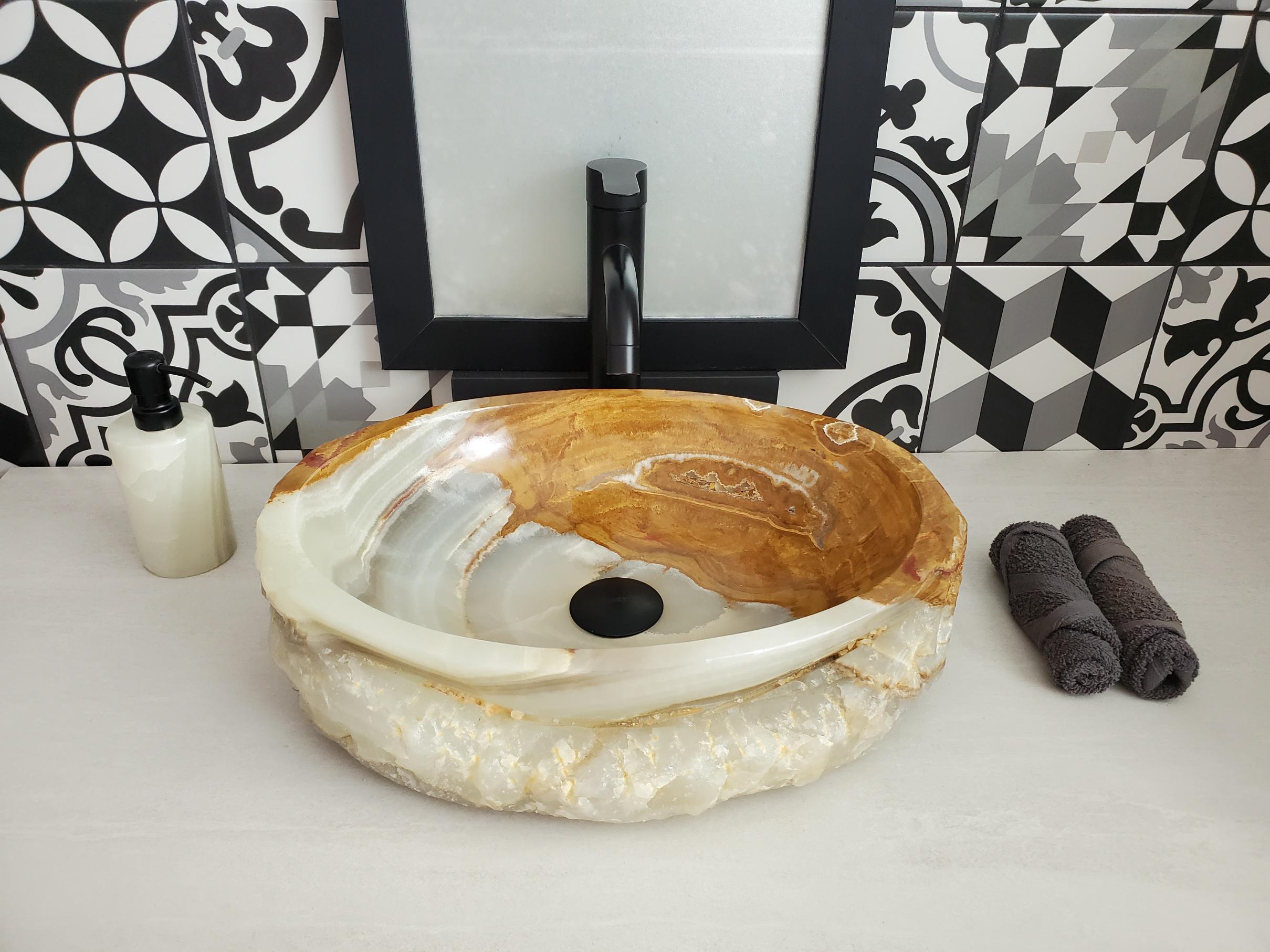 Green Onyx Vessel Sink, Natural Stone Vanity Basin, Polished Bathroom Countertop Sink, Spa Decor 17x13 Inch Above Counter sink Bathroom Décor beige tan taupe hand basin bowl handmade powder room Home design trends luxury bathroom Marble Onix Rock modern contemporary natural stone sink plumbing fixture Rectangle Vessel Tan Rustic Onyx Vessel Sinks Translucent Polish