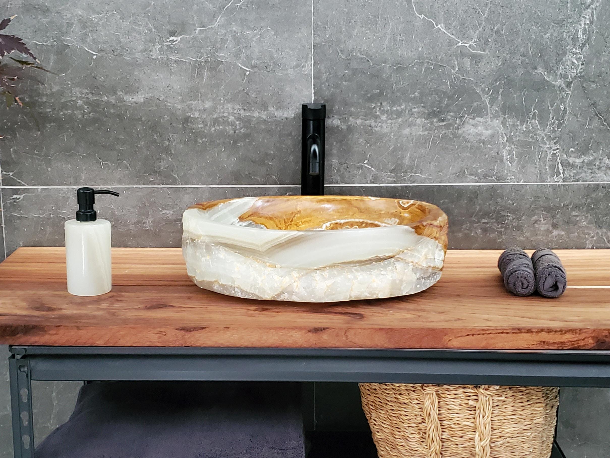 Green Onyx Vessel Sink, Natural Stone Vanity Basin, Polished Bathroom Countertop Sink, Spa Decor 17x13 Inch Above Counter sink Bathroom Décor beige tan taupe hand basin bowl handmade powder room Home design trends luxury bathroom Marble Onix Rock modern contemporary natural stone sink plumbing fixture Rectangle Vessel Tan Rustic Onyx Vessel Sinks Translucent Polish