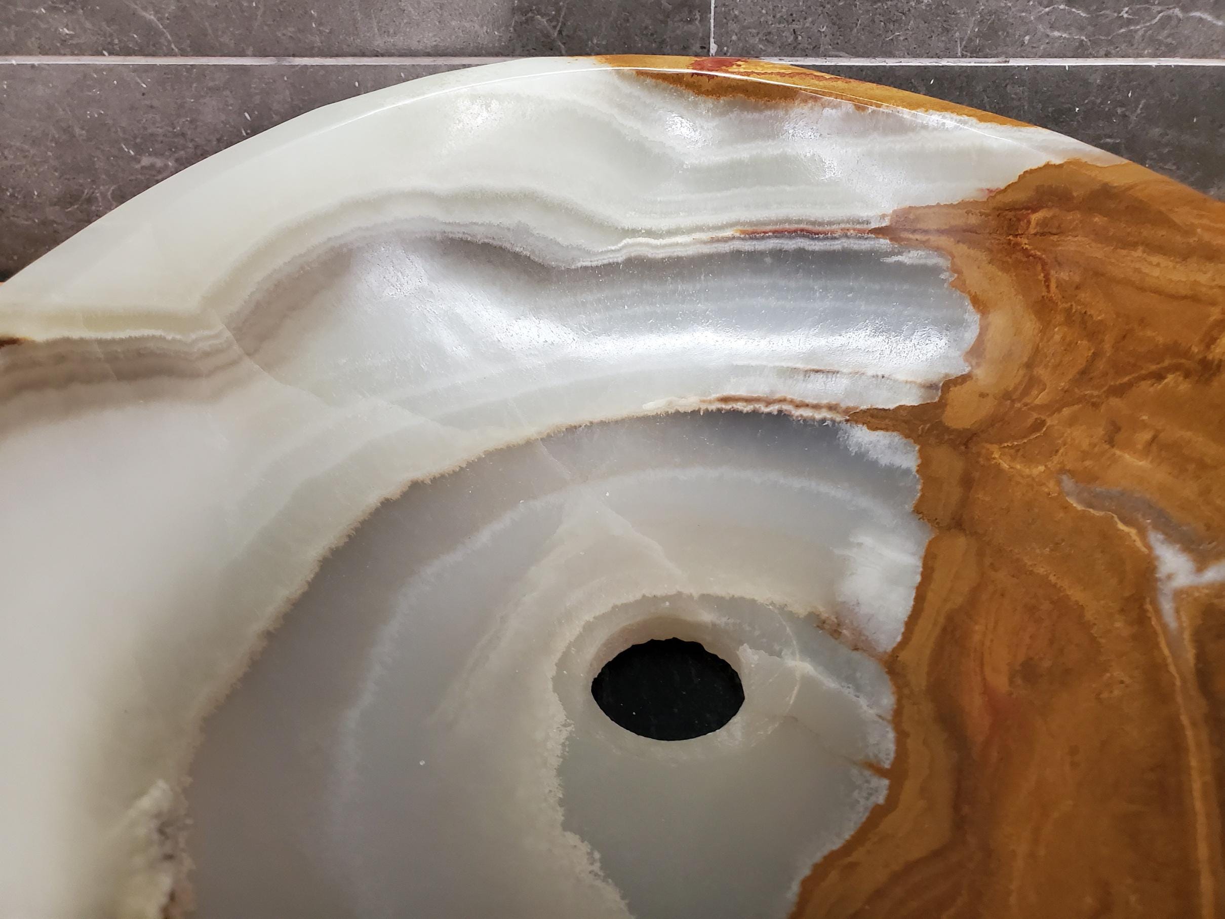 Green Onyx Vessel Sink, Natural Stone Vanity Basin, Polished Bathroom Countertop Sink, Spa Decor 17x13 Inch Above Counter sink Bathroom Décor beige tan taupe hand basin bowl handmade powder room Home design trends luxury bathroom Marble Onix Rock modern contemporary natural stone sink plumbing fixture Rectangle Vessel Tan Rustic Onyx Vessel Sinks Translucent Polish
