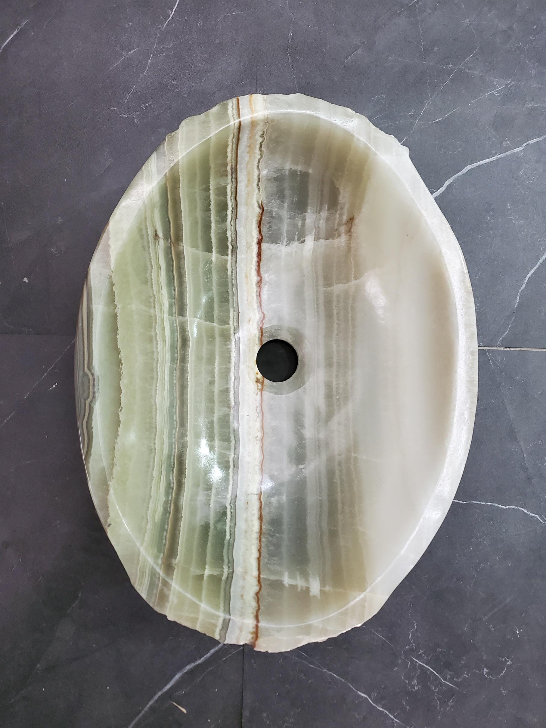 Green Onyx Marble Vessel Sink, 16.5x12.5 Inch Natural Stone Countertop Basin, Polished Luxury Vanity Sink, Spa Bathroom Decor Above Counter sink Bathroom Décor beige tan taupe hand basin bowl handmade powder room Home design trends luxury bathroom Marble Onix Rock modern contemporary natural stone sink plumbing fixture Rectangle Vessel Tan Rustic Onyx Vessel Sinks Translucent Polish