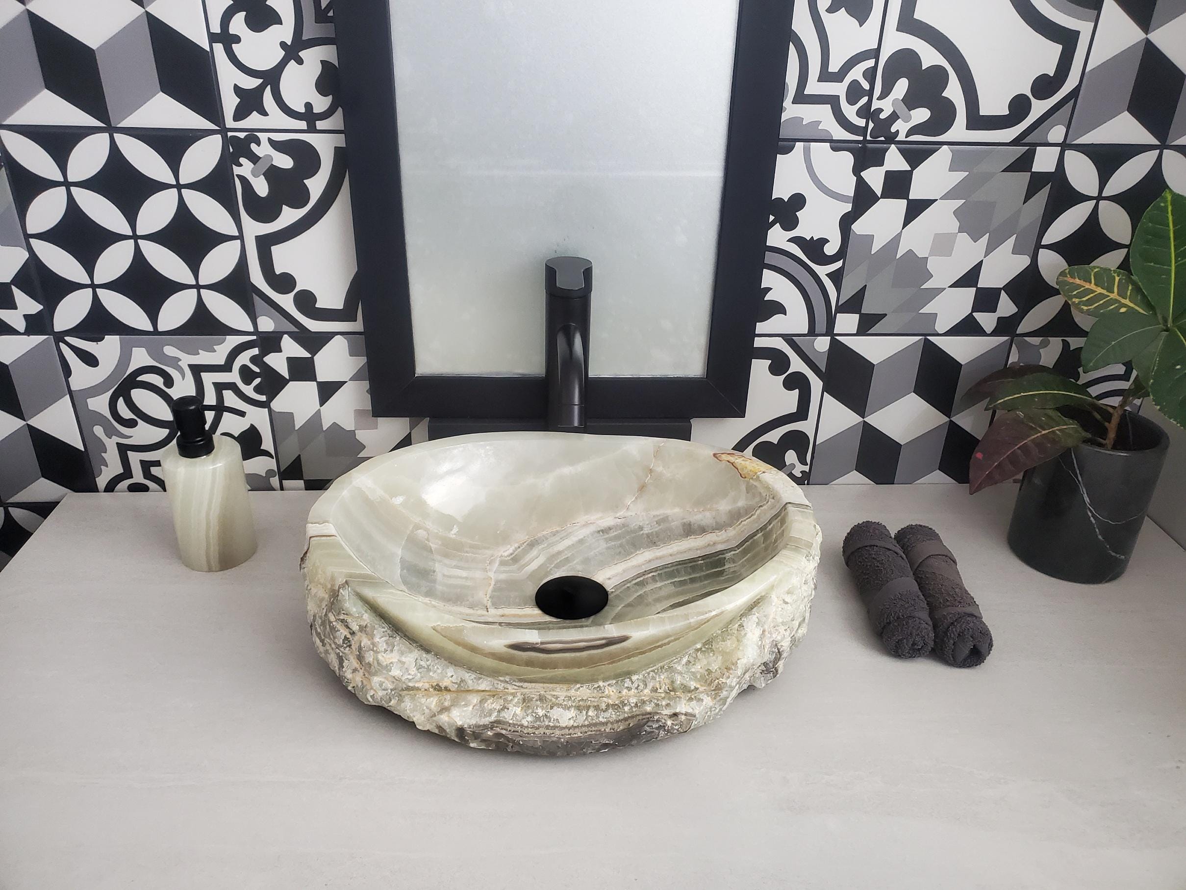 Green Onyx Vessel Sink – Oval Natural Stone Countertop Sink, Polished Vanity Basin, Luxury Spa Bathroom Decor 16.5x12.5 Inch Above Counter sink Bathroom Décor beige tan taupe hand basin bowl handmade powder room Home design trends luxury bathroom Marble Onix Rock modern contemporary natural stone sink plumbing fixture Rectangle Vessel Tan Rustic Onyx Vessel Sinks Translucent Polish
