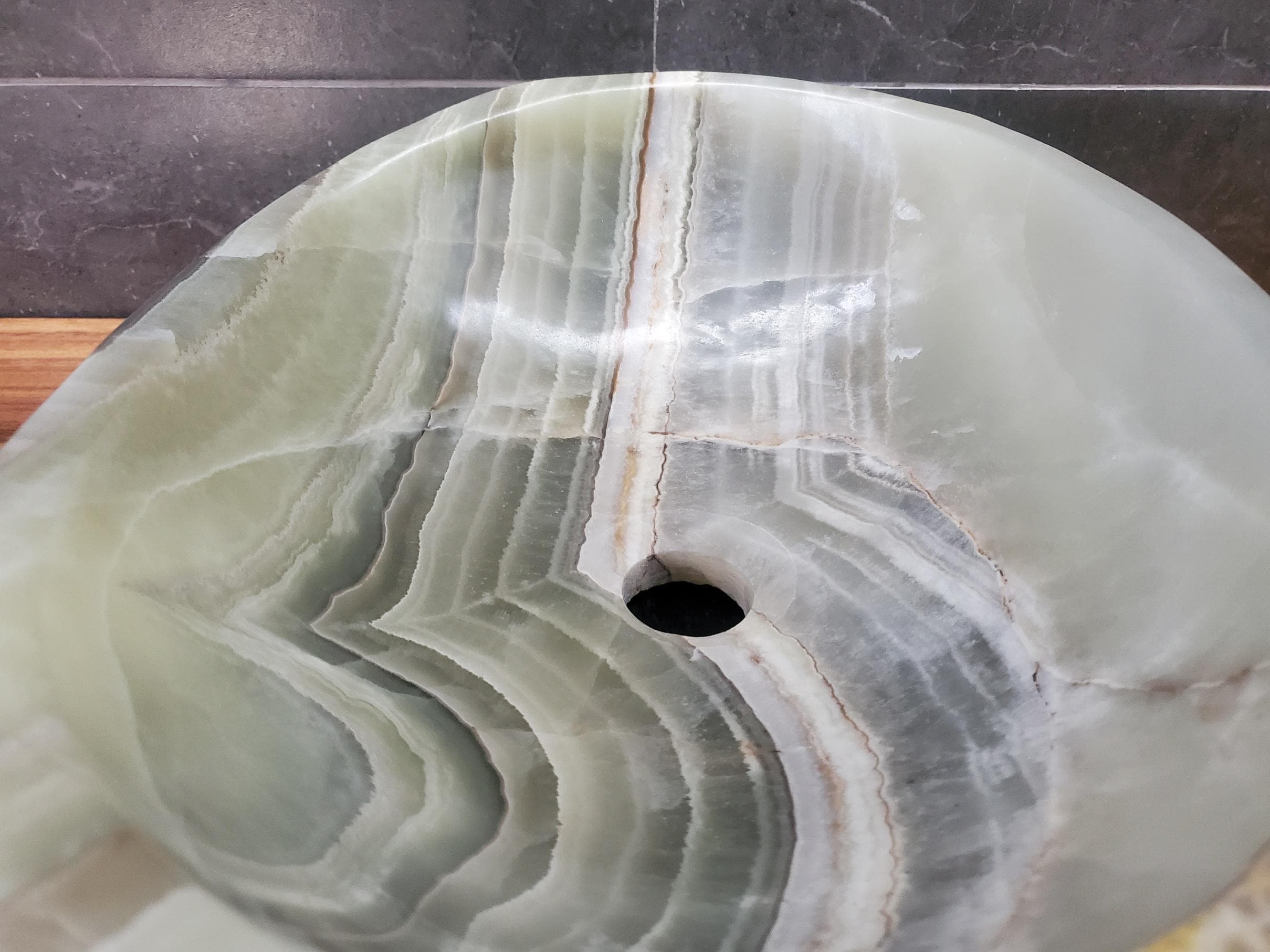 Green Onyx Vessel Sink – Oval Natural Stone Countertop Sink, Polished Vanity Basin, Luxury Spa Bathroom Decor 16.5x12.5 Inch Above Counter sink Bathroom Décor beige tan taupe hand basin bowl handmade powder room Home design trends luxury bathroom Marble Onix Rock modern contemporary natural stone sink plumbing fixture Rectangle Vessel Tan Rustic Onyx Vessel Sinks Translucent Polish