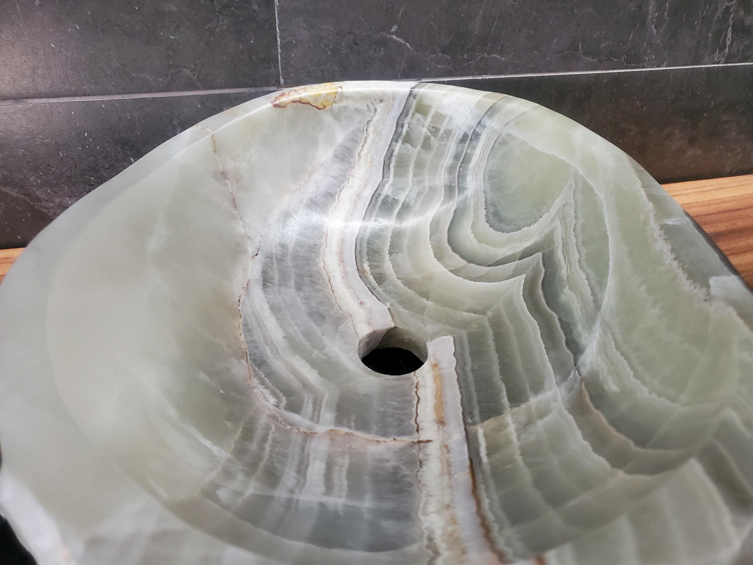 Green Onyx Vessel Sink – Oval Natural Stone Countertop Sink, Polished Vanity Basin, Luxury Spa Bathroom Decor 16.5x12.5 Inch Above Counter sink Bathroom Décor beige tan taupe hand basin bowl handmade powder room Home design trends luxury bathroom Marble Onix Rock modern contemporary natural stone sink plumbing fixture Rectangle Vessel Tan Rustic Onyx Vessel Sinks Translucent Polish