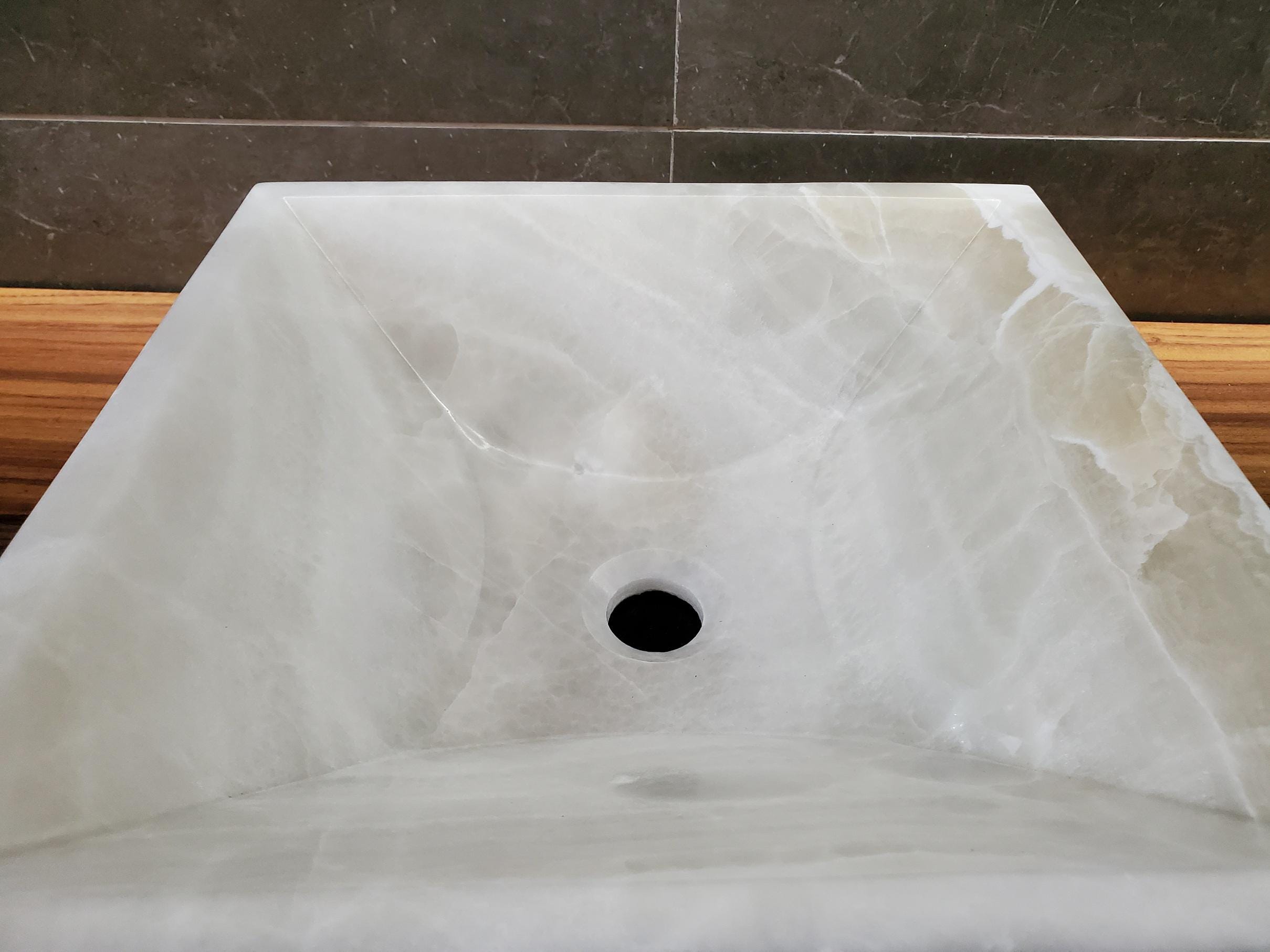 White Onyx Marble Vessel Sink – Natural Stone Countertop Sink, Polished Vanity Basin, Luxury Spa Bathroom Decor 15.8x15.8 Inch Above Counter sink Bathroom Décor beige tan taupe hand basin bowl handmade powder room Home design trends luxury bathroom Marble Onix Rock modern contemporary natural stone sink plumbing fixture Polished Onyx Sinks Rectangle Vessel Tan Translucent Polish