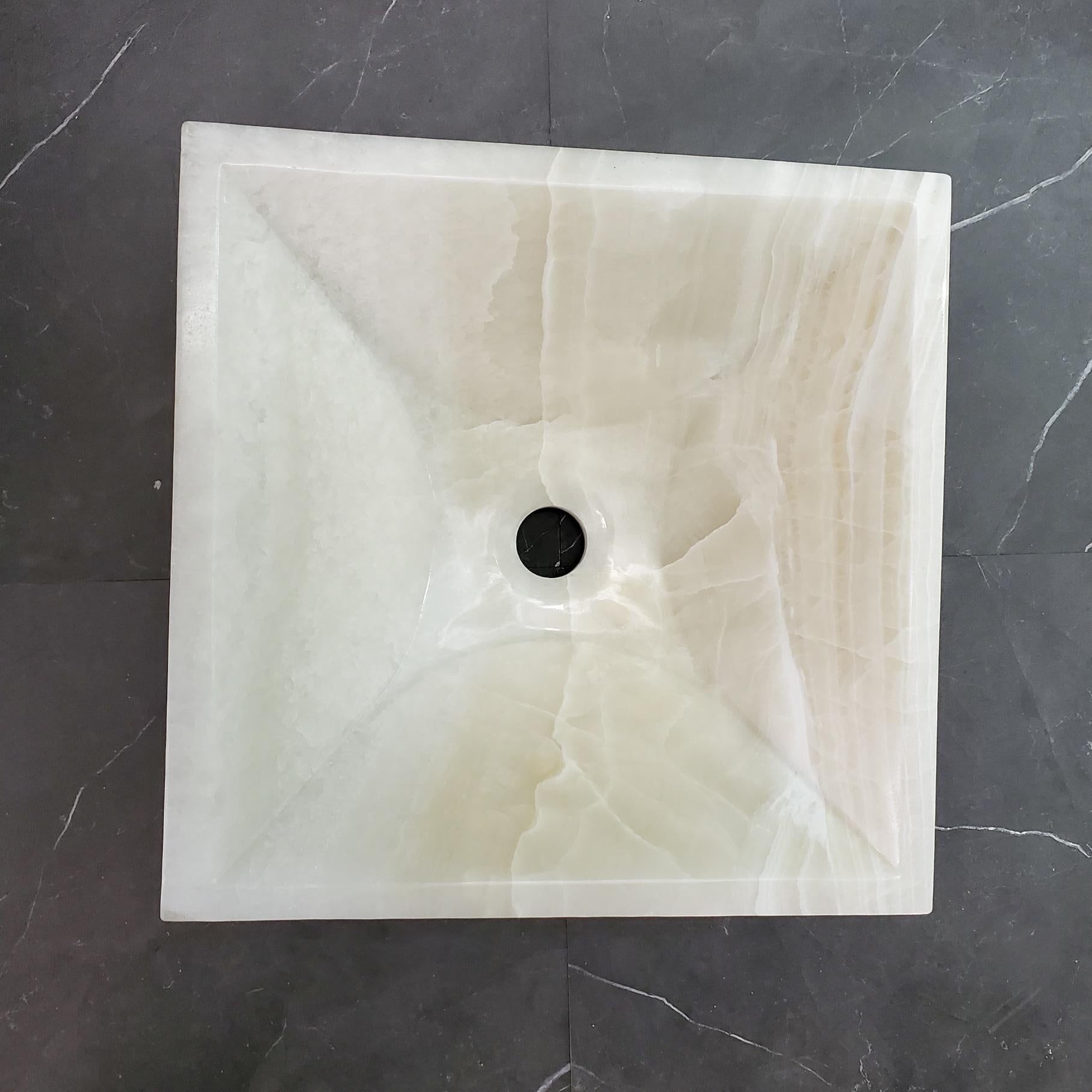 White Onyx Marble Vessel Sink, 14.3x14.3 Inch Natural Stone Countertop Basin, Polished Luxury Vanity Sink, Spa Bathroom Decor Above Counter sink Bathroom Décor beige tan taupe hand basin bowl handmade powder room Home design trends luxury bathroom Marble Onix Rock modern contemporary natural stone sink plumbing fixture Polished Onyx Sinks Rectangle Vessel Tan Translucent Polish