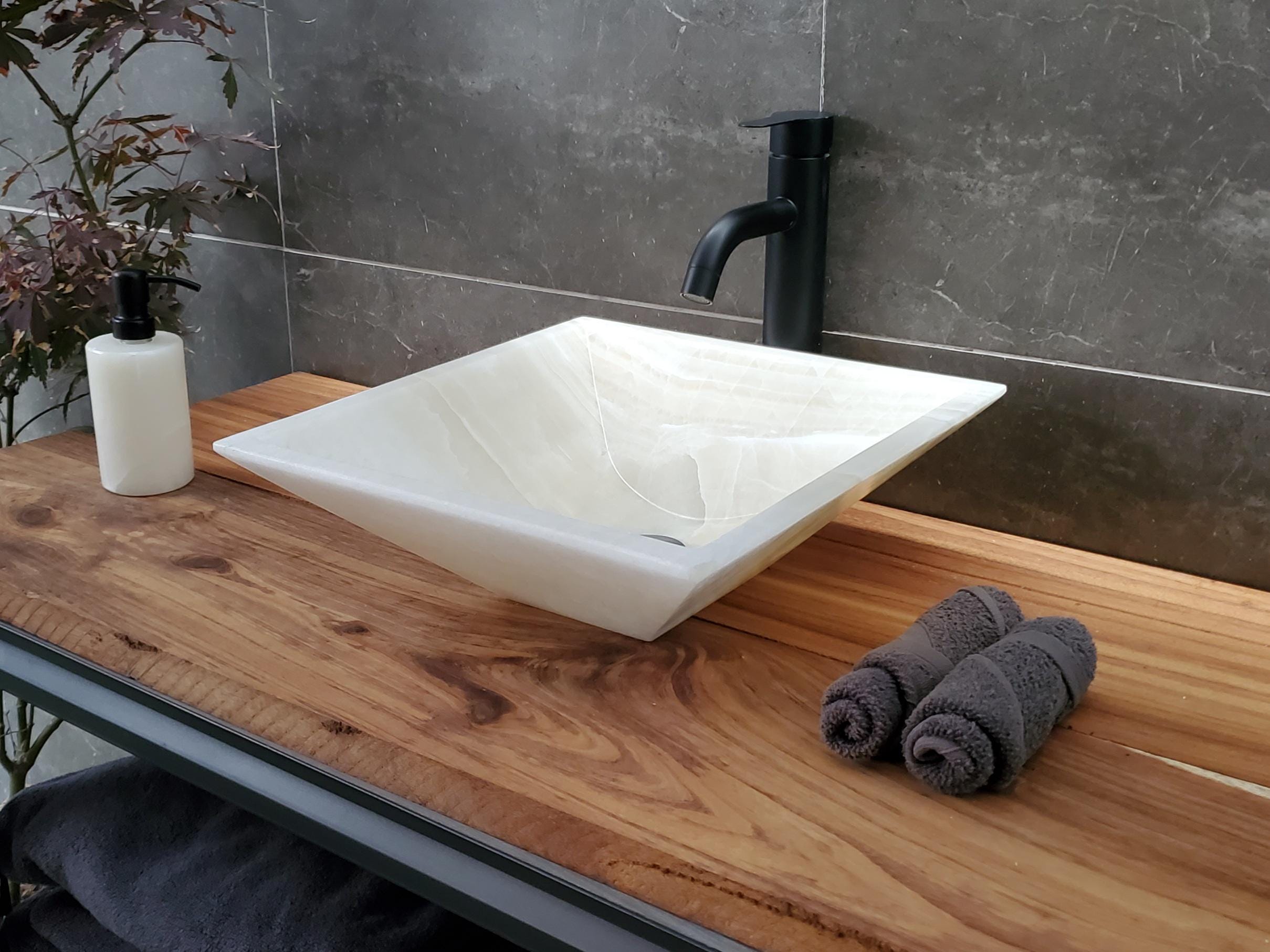 White Onyx Marble Vessel Sink, 14.3x14.3 Inch Natural Stone Countertop Basin, Polished Luxury Vanity Sink, Spa Bathroom Decor Above Counter sink Bathroom Décor beige tan taupe hand basin bowl handmade powder room Home design trends luxury bathroom Marble Onix Rock modern contemporary natural stone sink plumbing fixture Polished Onyx Sinks Rectangle Vessel Tan Translucent Polish