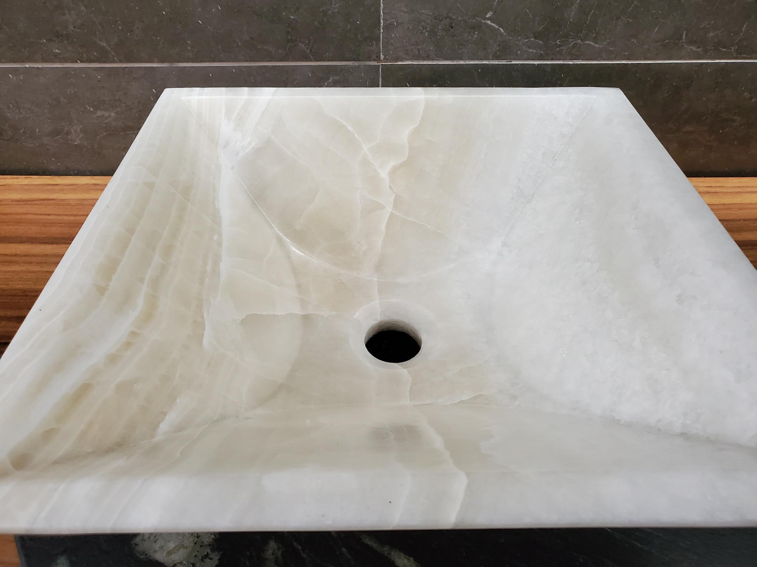 White Onyx Marble Vessel Sink, 14.3x14.3 Inch Natural Stone Countertop Basin, Polished Luxury Vanity Sink, Spa Bathroom Decor Above Counter sink Bathroom Décor beige tan taupe hand basin bowl handmade powder room Home design trends luxury bathroom Marble Onix Rock modern contemporary natural stone sink plumbing fixture Polished Onyx Sinks Rectangle Vessel Tan Translucent Polish