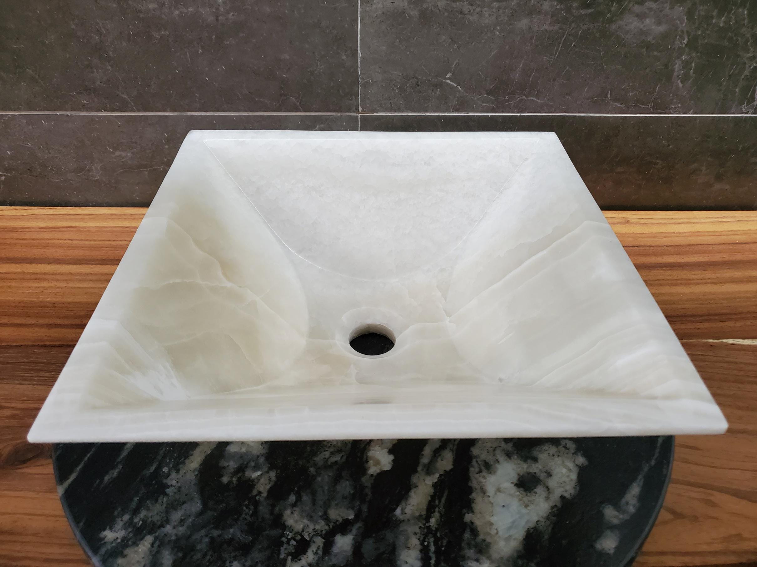 White Onyx Marble Vessel Sink, 14.3x14.3 Inch Natural Stone Countertop Basin, Polished Luxury Vanity Sink, Spa Bathroom Decor Above Counter sink Bathroom Décor beige tan taupe hand basin bowl handmade powder room Home design trends luxury bathroom Marble Onix Rock modern contemporary natural stone sink plumbing fixture Polished Onyx Sinks Rectangle Vessel Tan Translucent Polish
