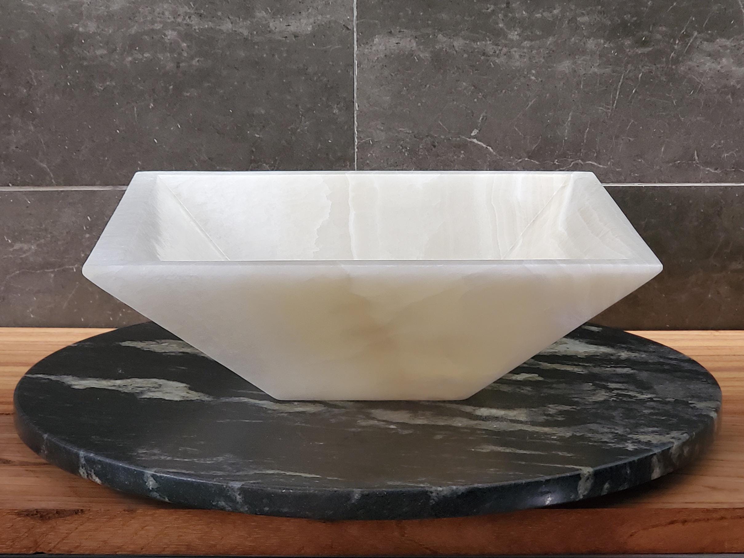 White Onyx Marble Vessel Sink, 14.3x14.3 Inch Natural Stone Countertop Basin, Polished Luxury Vanity Sink, Spa Bathroom Decor Above Counter sink Bathroom Décor beige tan taupe hand basin bowl handmade powder room Home design trends luxury bathroom Marble Onix Rock modern contemporary natural stone sink plumbing fixture Polished Onyx Sinks Rectangle Vessel Tan Translucent Polish