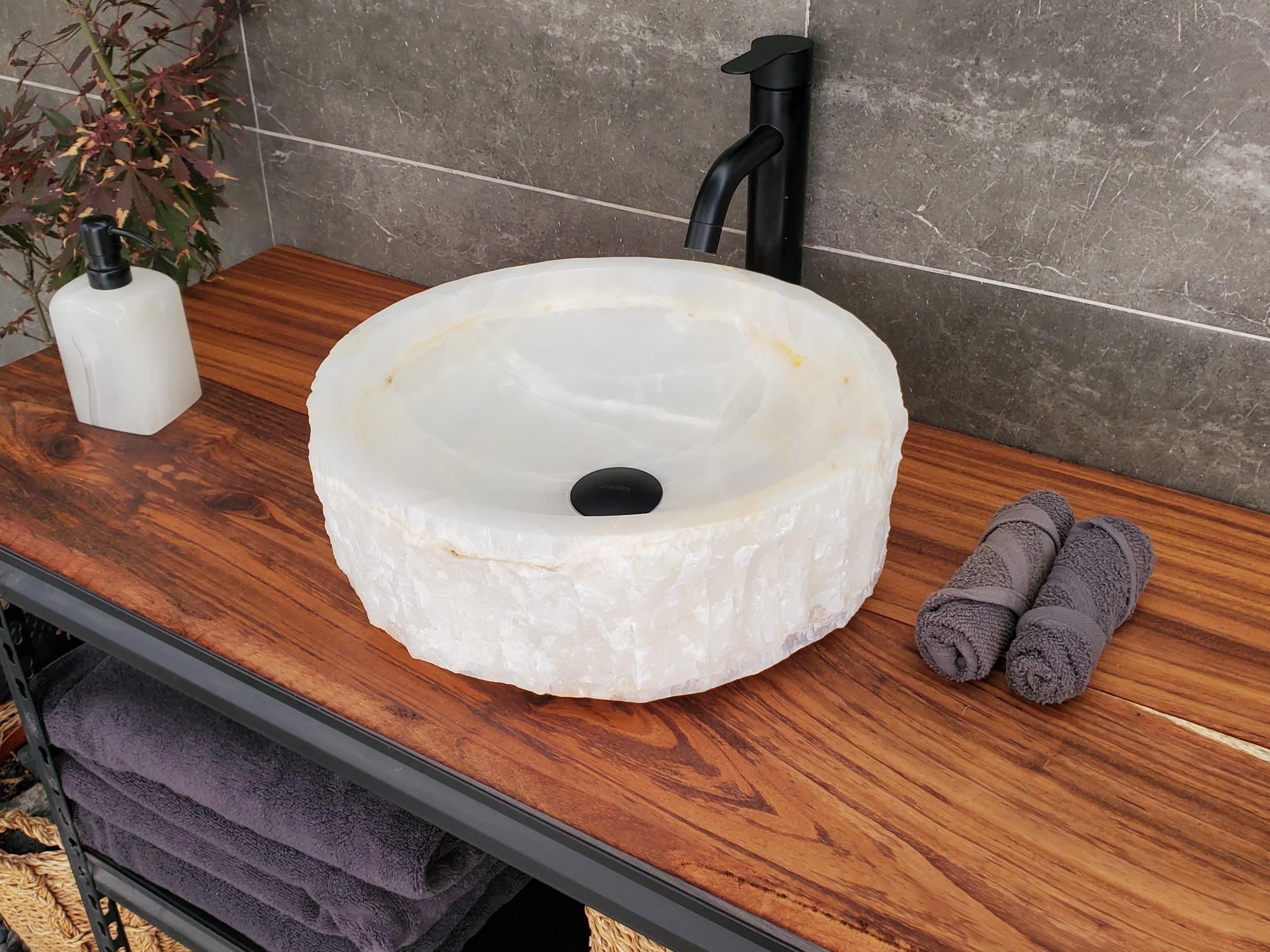 White Onyx Vessel Sink, Natural Stone Vanity Basin, Polished Bathroom Countertop Sink, Spa Decor 15x15 Inch Above Counter sink Bathroom Décor beige tan taupe hand basin bowl handmade powder room Home design trends luxury bathroom Marble Onix Rock modern contemporary natural stone sink plumbing fixture Rectangle Vessel Tan Rustic Onyx Vessel Sinks Translucent Polish