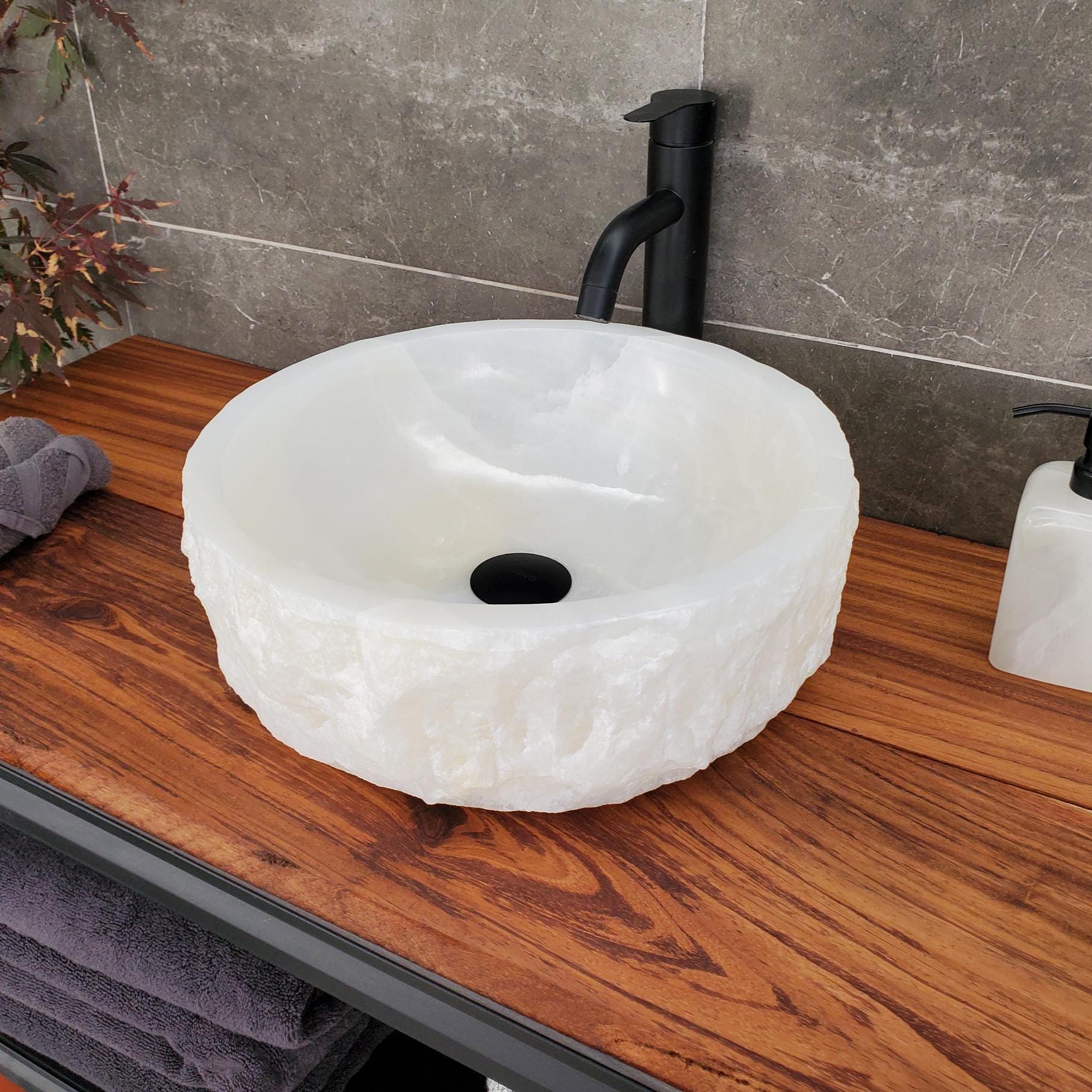 White Onyx Vessel Sink, Natural Stone Vanity Basin, Polished Bathroom Countertop Sink, Spa Decor 15x15 Inch Above Counter sink Bathroom Décor beige tan taupe hand basin bowl handmade powder room Home design trends luxury bathroom Marble Onix Rock modern contemporary natural stone sink plumbing fixture Rectangle Vessel Tan Rustic Onyx Vessel Sinks Translucent Polish