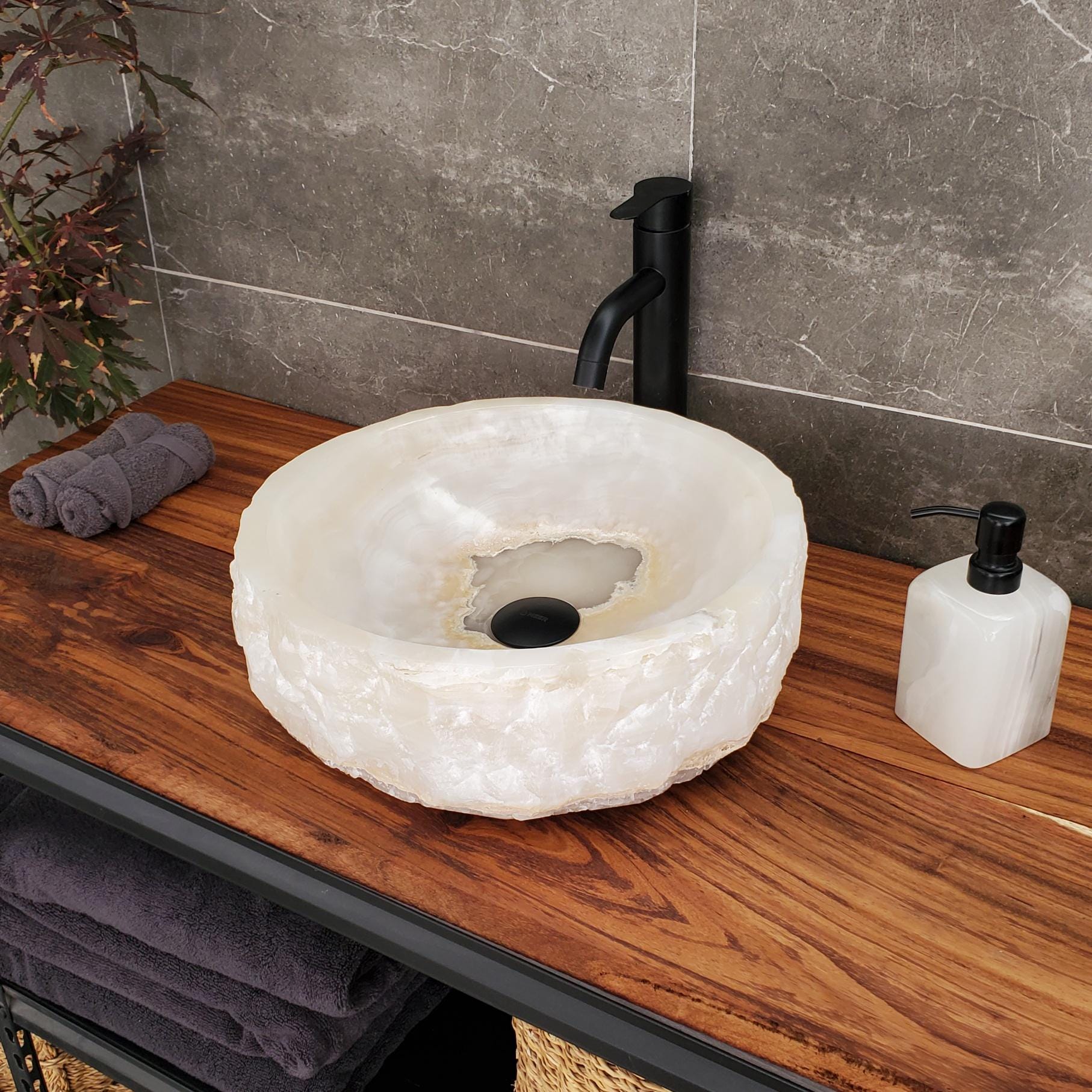 White Onyx Marble Vessel Sink, 15x15 Inch Natural Stone Countertop Basin, Polished Luxury Vanity Sink, Spa Bathroom Decor Above Counter sink Bathroom Décor beige tan taupe hand basin bowl handmade powder room Home design trends luxury bathroom Marble Onix Rock modern contemporary natural stone sink plumbing fixture Rectangle Vessel Tan Rustic Onyx Vessel Sinks Translucent Polish
