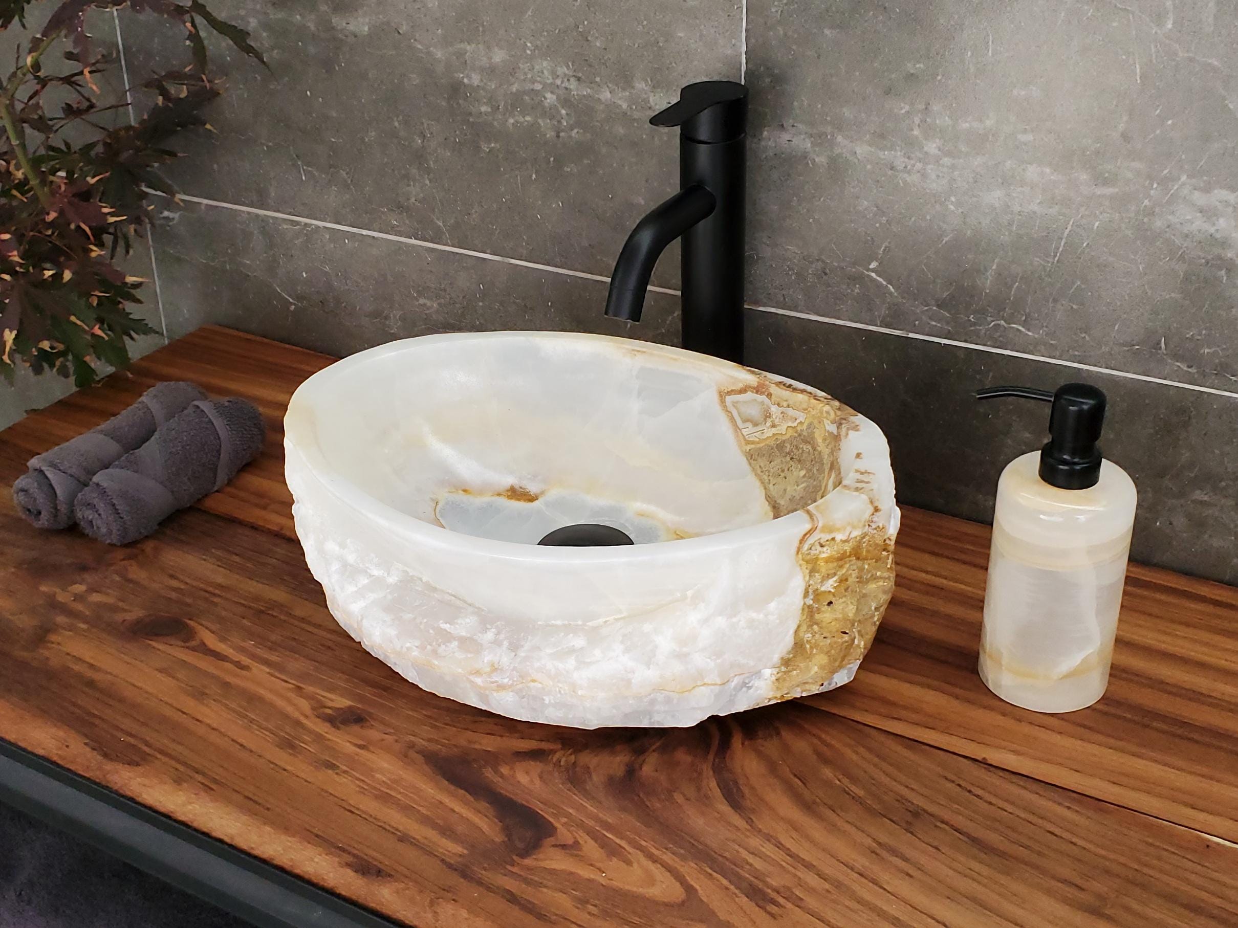 White Onyx Vessel Sink, 15x10.5 Inch Natural Stone Countertop Basin, Polished Luxury Vanity Sink, Spa Bathroom Decor Above Counter sink Bathroom Décor beige tan taupe hand basin bowl handmade powder room Home design trends luxury bathroom Marble Onix Rock modern contemporary natural stone sink plumbing fixture Rectangle Vessel Tan Rustic Onyx Vessel Sinks Translucent Polish